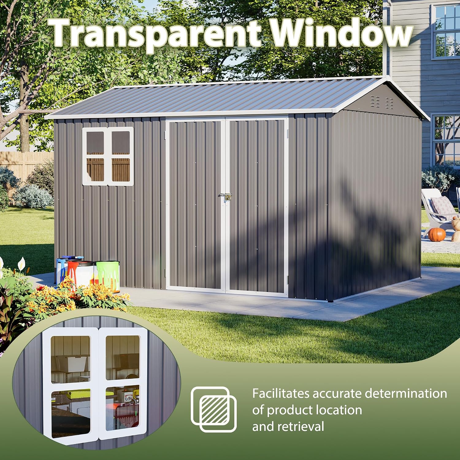 8x10FT Sheds & Outdoor Storage Shed with Bright Window and Lockable Doors, Spacious Metal Garden Shed Heavy-Duty Tool Sheds for Backyard, Patio, Lawn, Gray, Galvanized Steel