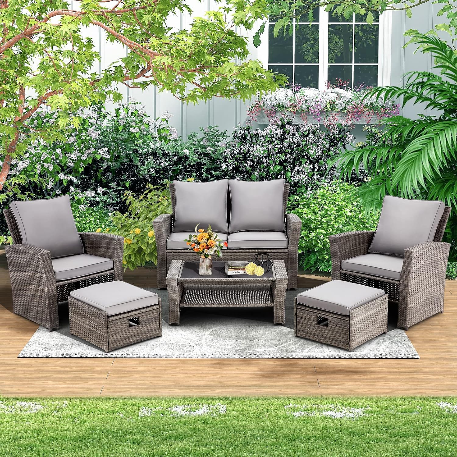 6 Pieces Patio Furniture Set, Outdoor Sectional Conversation Rattan Sofa Set with Ottoman and Outdoor Storage Table for Garden, Porch, Backyard (Dark Gray)