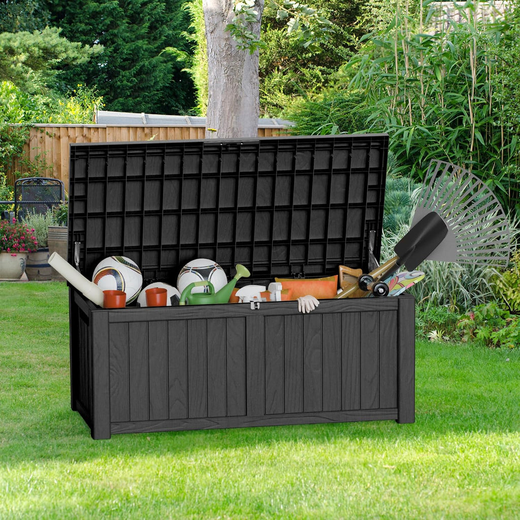 Outdoor Storage Deck Box Waterproof, 150 Gallon Large Lockable Patio Storage Bin Chest, Resin Outside Container Seat Bench for Furniture Cushions, Pool Accessories, Garden Tools & Delivery, Black