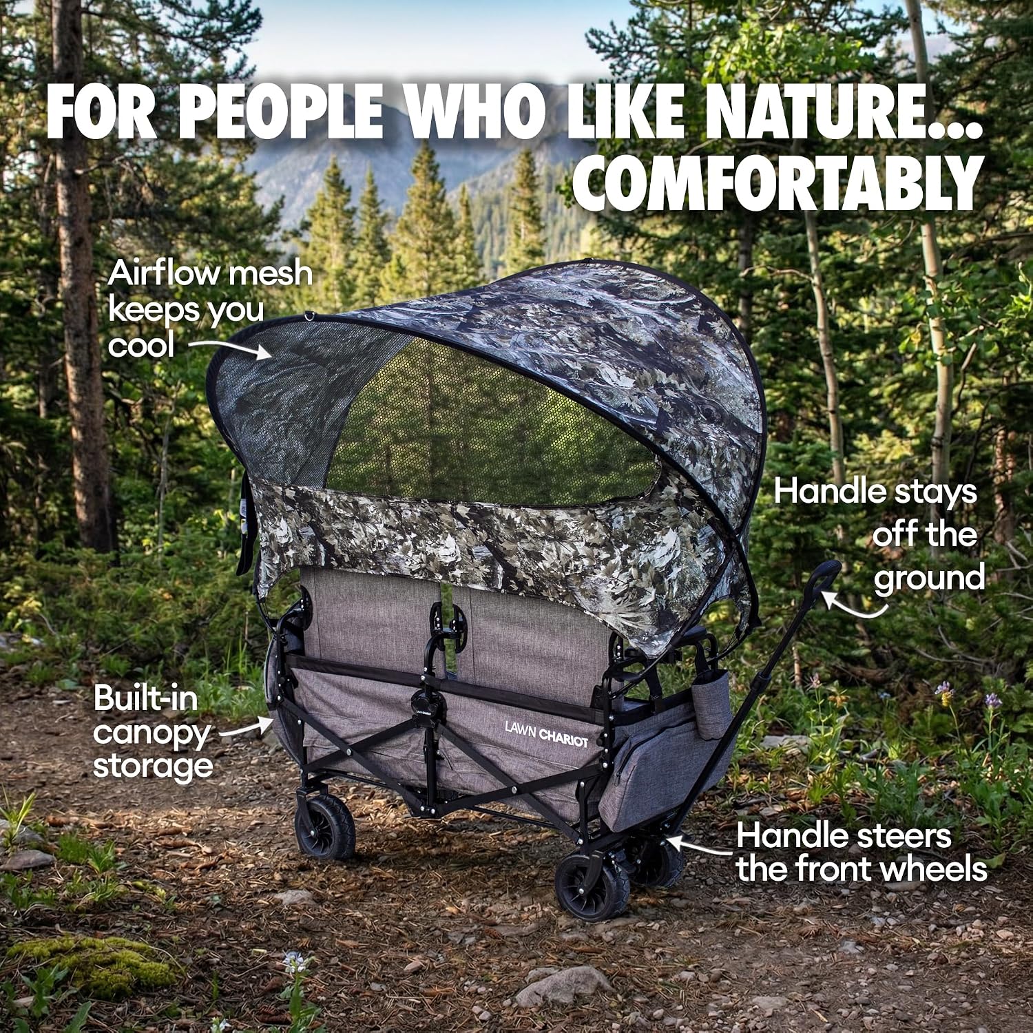 Lawn Chariot, Folding Wagon with 2 Adult Seats & UPF 50+ Canopy, Under-Seat Storage, All-Terrain Wheels, Camouflage Canopy