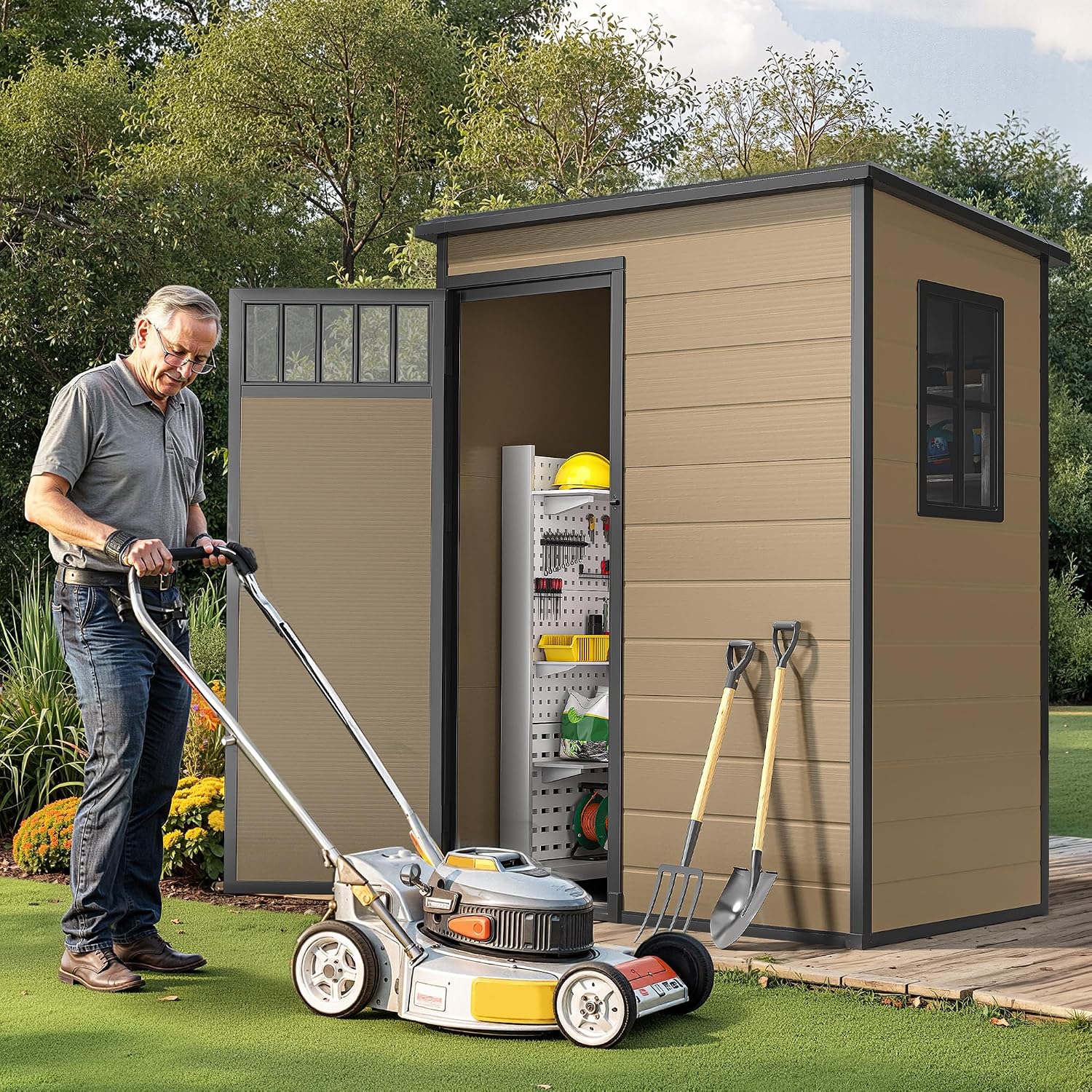 DWVO 5x3FT Outdoor Storage Shed with Fence-Style and Side Windows, Floor, Lockable Doors, Plastic Storage for Backyard and Garden, Brown