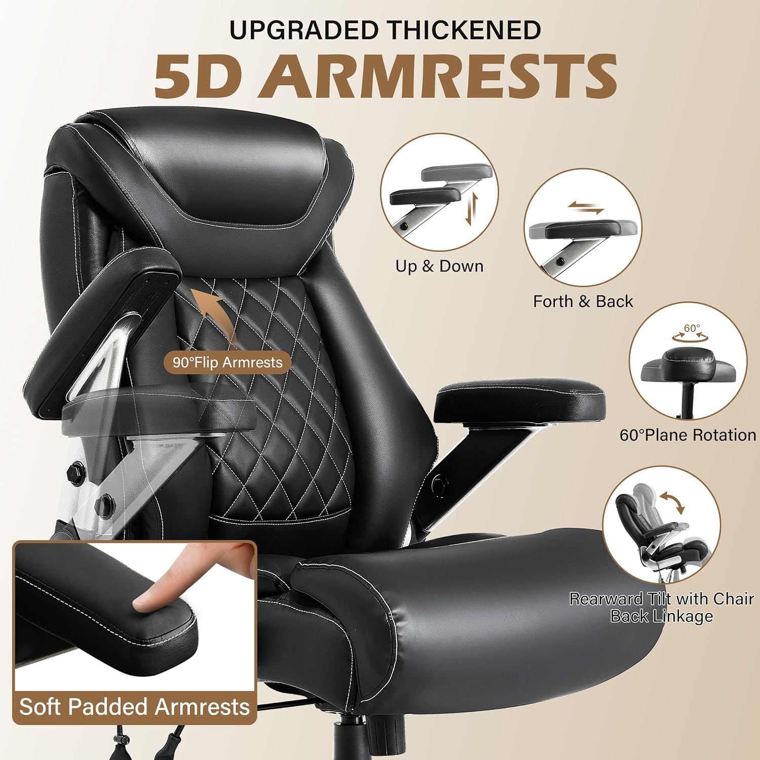 700lbs Big and Tall Office Chair-Adjustable Lumbar Support, Ergonomic PU Heavy Duty Executive Office Chair with 5D Flip Arms&Dual Rubber Wheel,Large Thick Padded Extra Wide Seat Game Chair,Black