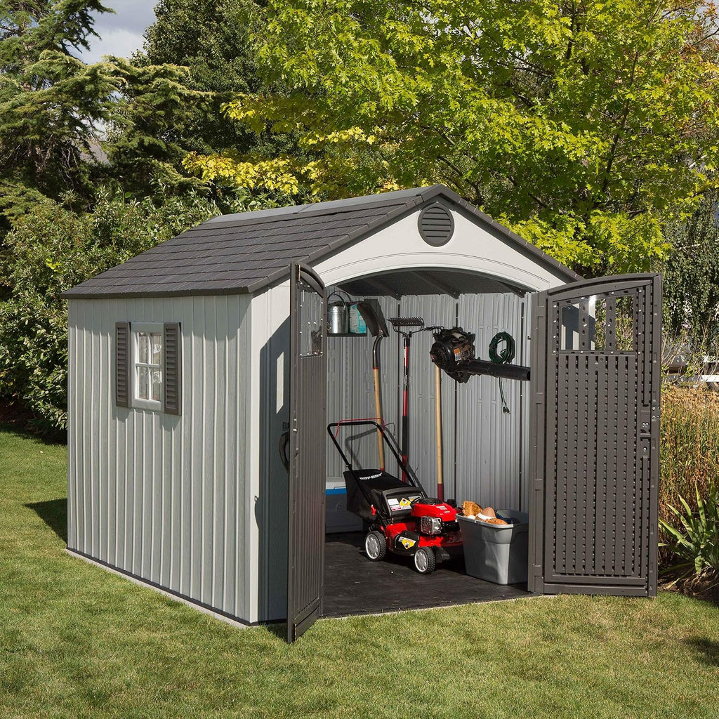 Lifetime 8 x 10 Ft Outdoor Storage Shed, Dual-Wall HDPE Construction, Steel-Reinforced, Skylight and Window, Lockable Doors, UV-Protected Gray Finish