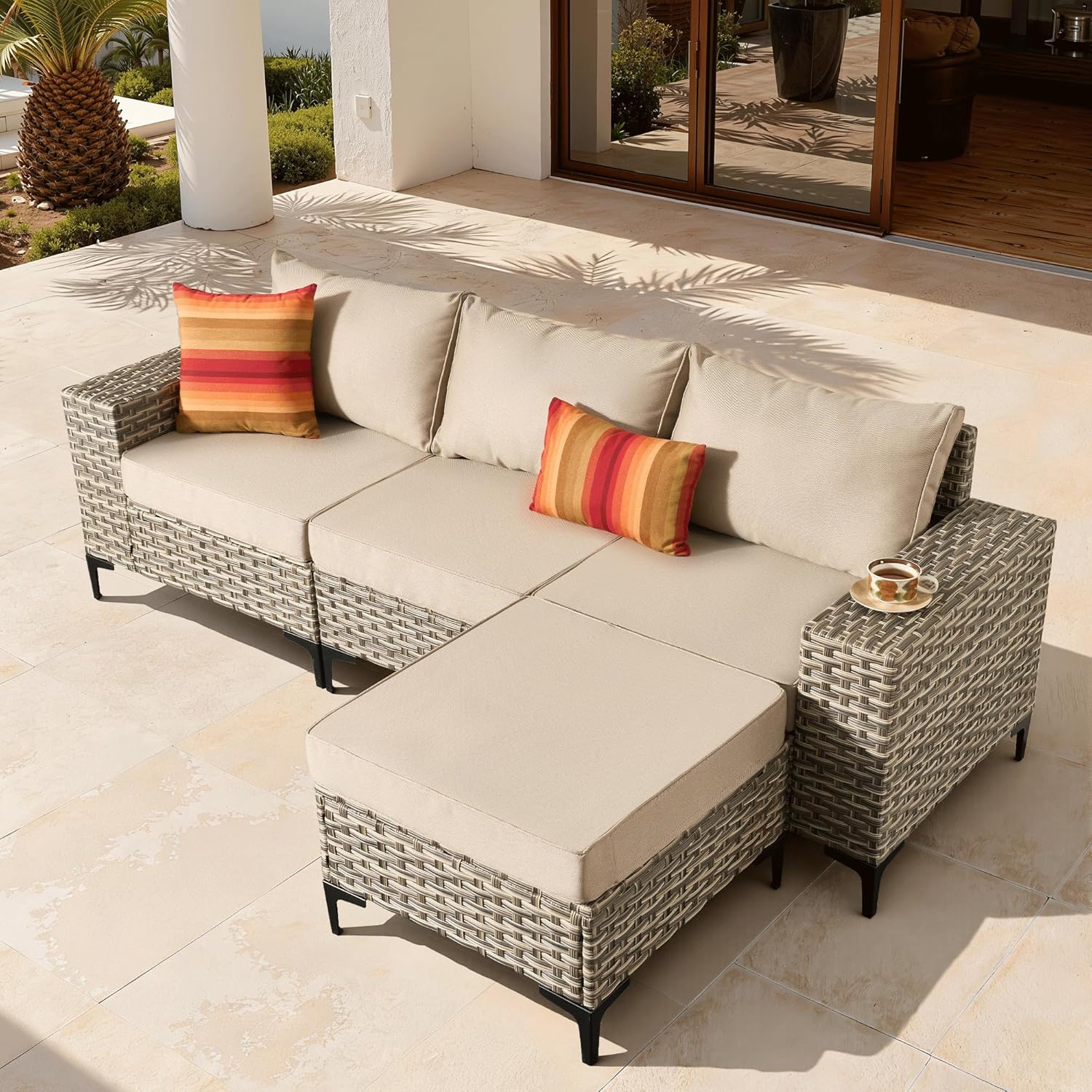 ovios 4-Piece Patio Furniture Set with L-Shape Sofa Chaise, Outdoor Sectional Couch Comfy Cushions, Modern Modular Wicker Rattan Conversation Set, Beige