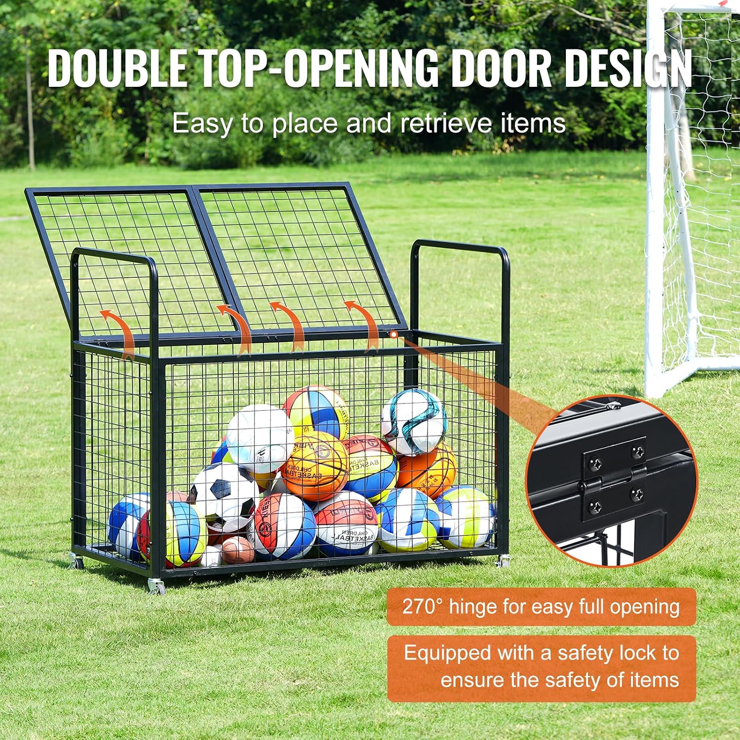 VEVOR Rolling Sports Ball Storage Cart, Lockable Basketball Cage with Double Lids, Sport Equipment Holder Organizer for Indoor Outdoor, Steel Storage Rack for Garages, Playgroup, Gym and Schools
