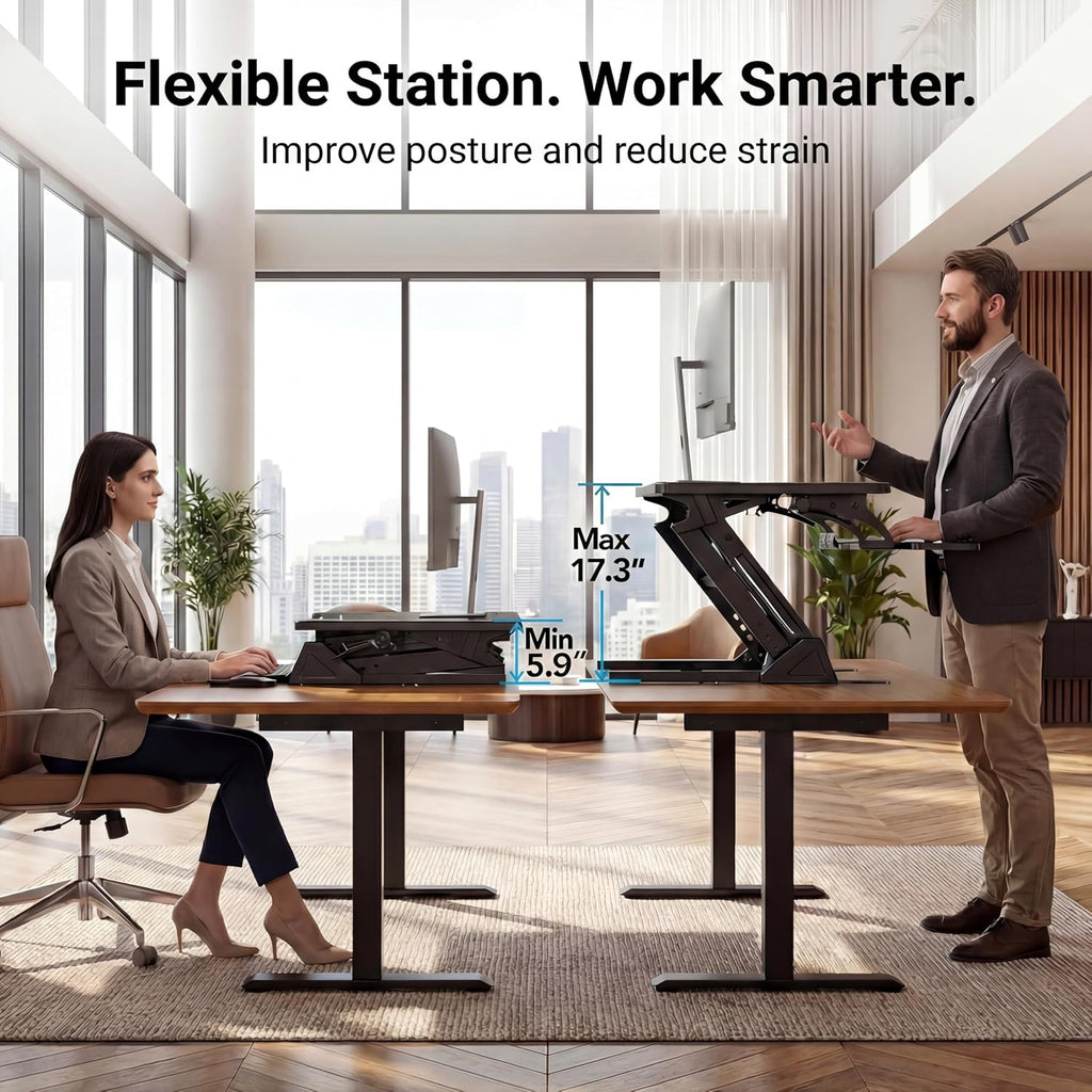 HUANUO 32' Z Shaped Stable Standing Desk Converter, Height Adjustable Sit Stand Up Desk Riser, Dual Monitor and Laptop Workstation with Wide Keyboard Tray, Desk Lifter for Home Office