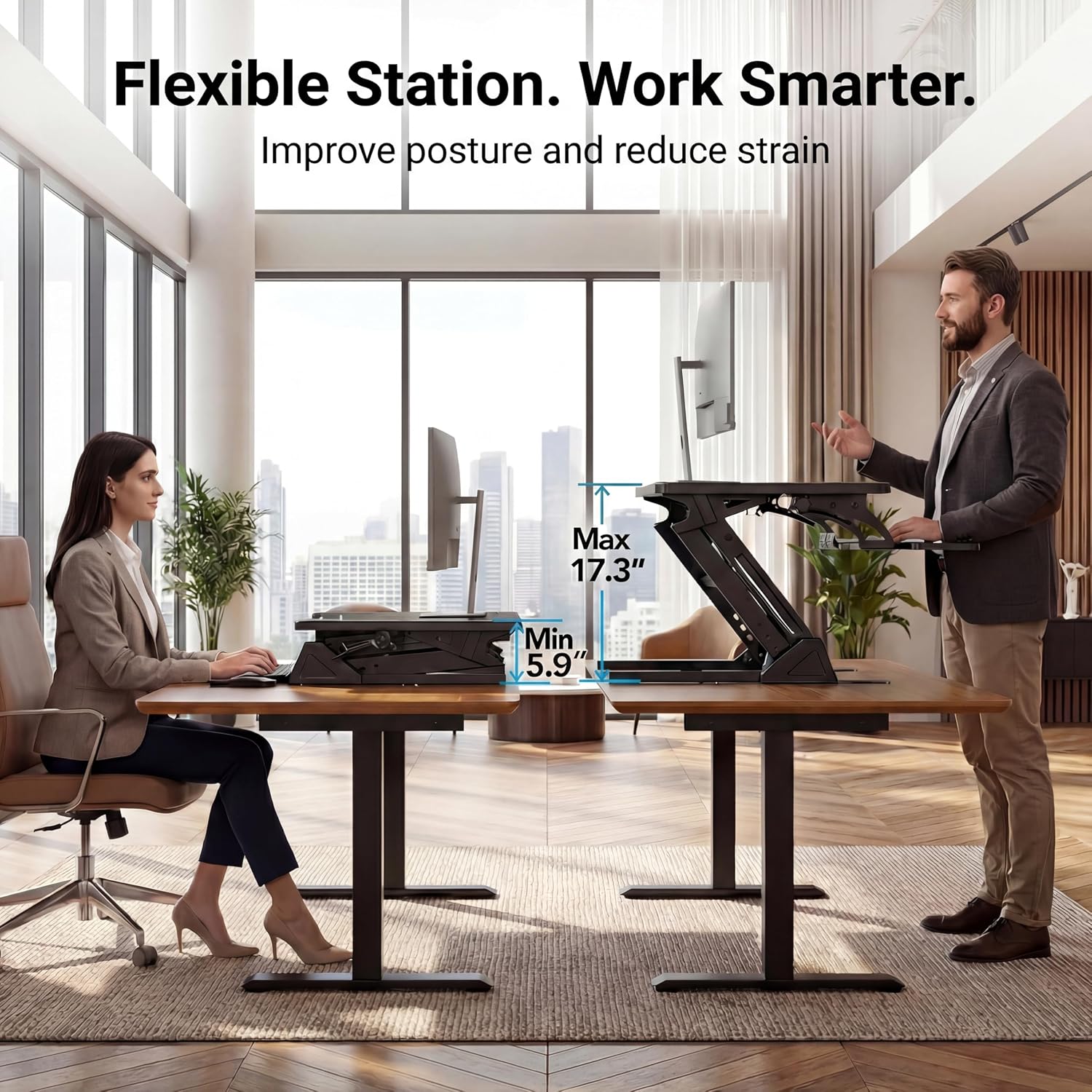 HUANUO 32' Z Shaped Stable Standing Desk Converter, Height Adjustable Sit Stand Up Desk Riser, Dual Monitor and Laptop Workstation with Wide Keyboard Tray, Desk Lifter for Home Office