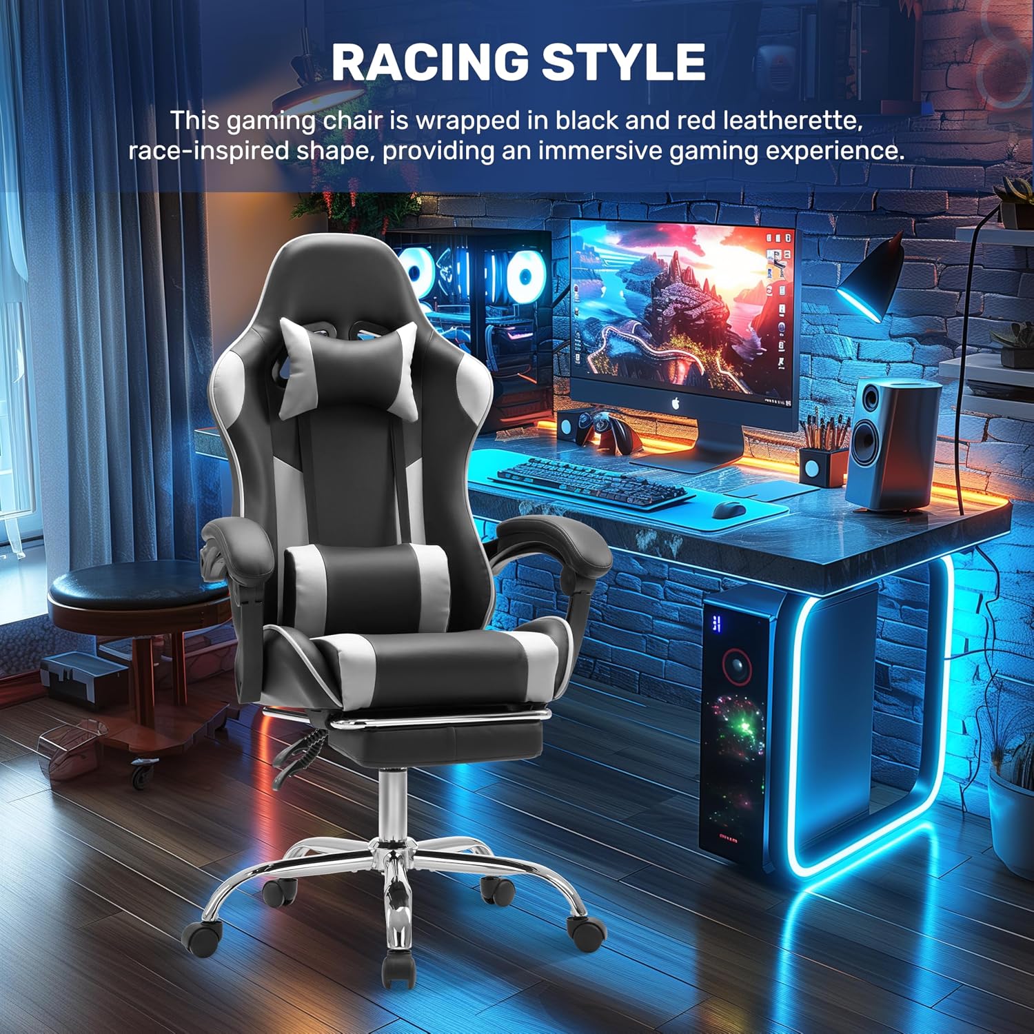 YSSOA Gaming Chair, Backrest and Seat Height Adjustable Swivel Recliner Racing Office Computer Ergonomic Video Game Chair with Footrest and Lumbar Support, Height Adjustable with 360° Swive, White