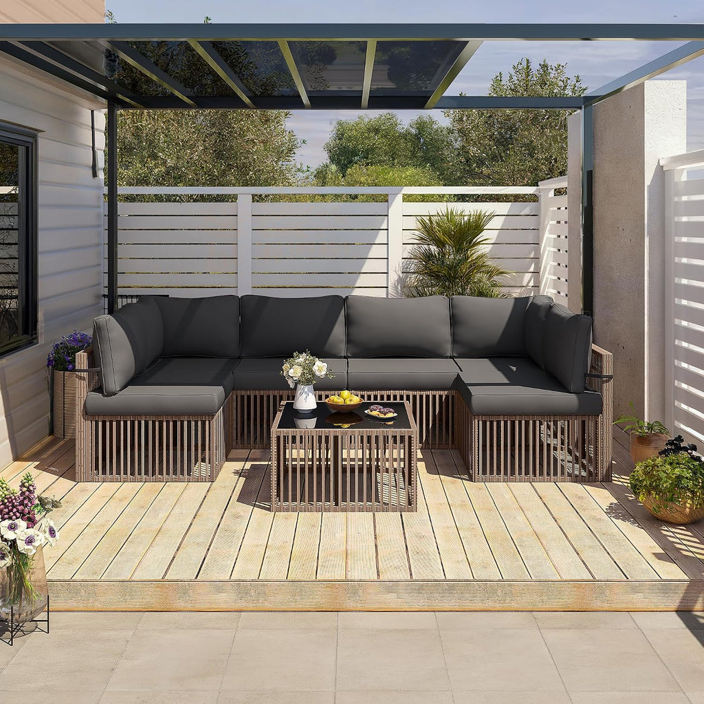 Pamapic 7 Piece Outdoor Sectional Sofa Set, All-Weather Patio Furniture with Washable Cushions, Waterproof Brown Rattan Wicker Conversation Set for Backyard, Poolside, Gray Cushion