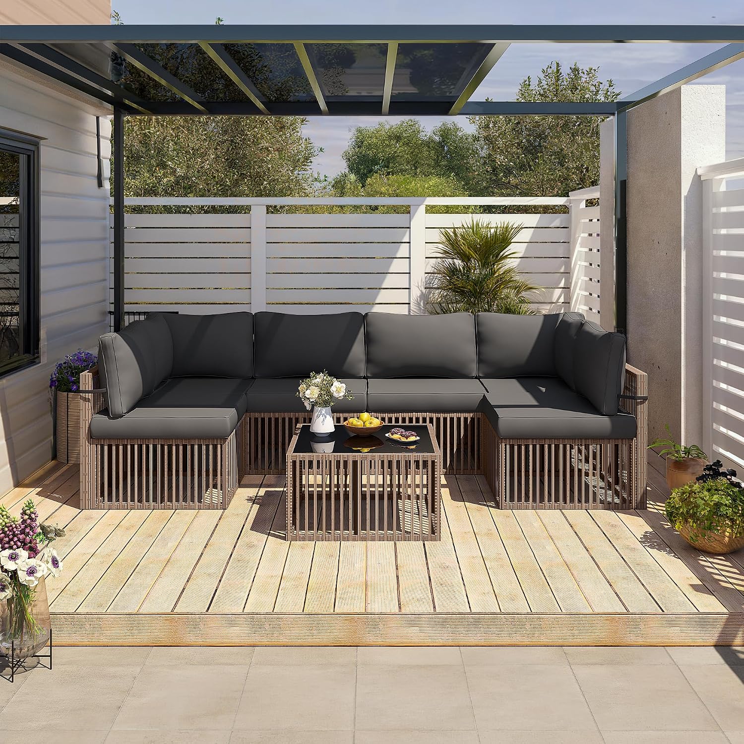 Pamapic 7 Piece Outdoor Sectional Sofa Set, All-Weather Patio Furniture with Washable Cushions, Waterproof Brown Rattan Wicker Conversation Set for Backyard, Poolside, Gray Cushion