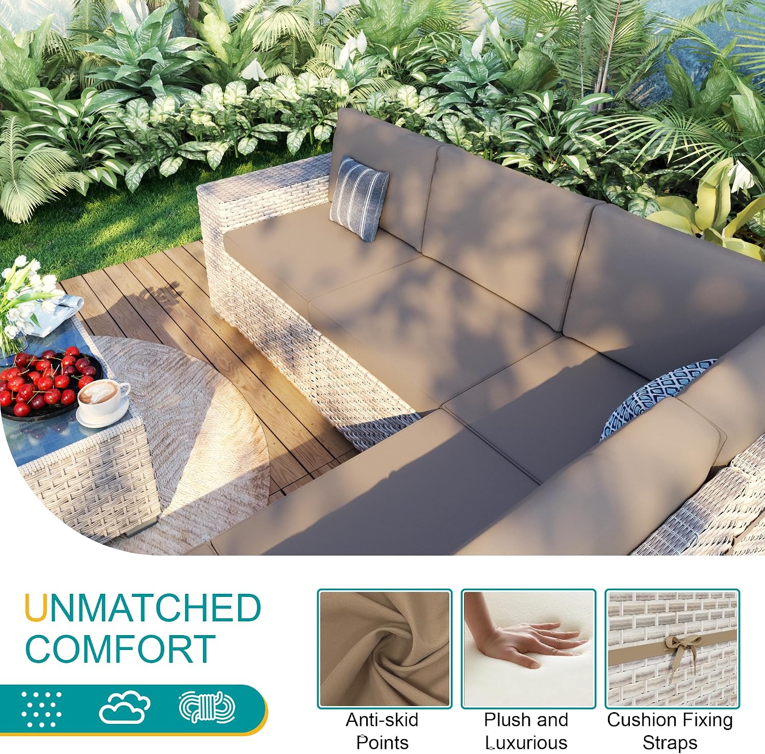 7-Piece Patio Furniture Set, Outdoor Extra Wide Armrest Modular Patio Sofa with Fire Pit Table, Dual-Strand Rattan Wicker High Back Large Seat Furniture for Backyard Porch Garden Balcony, Khaki