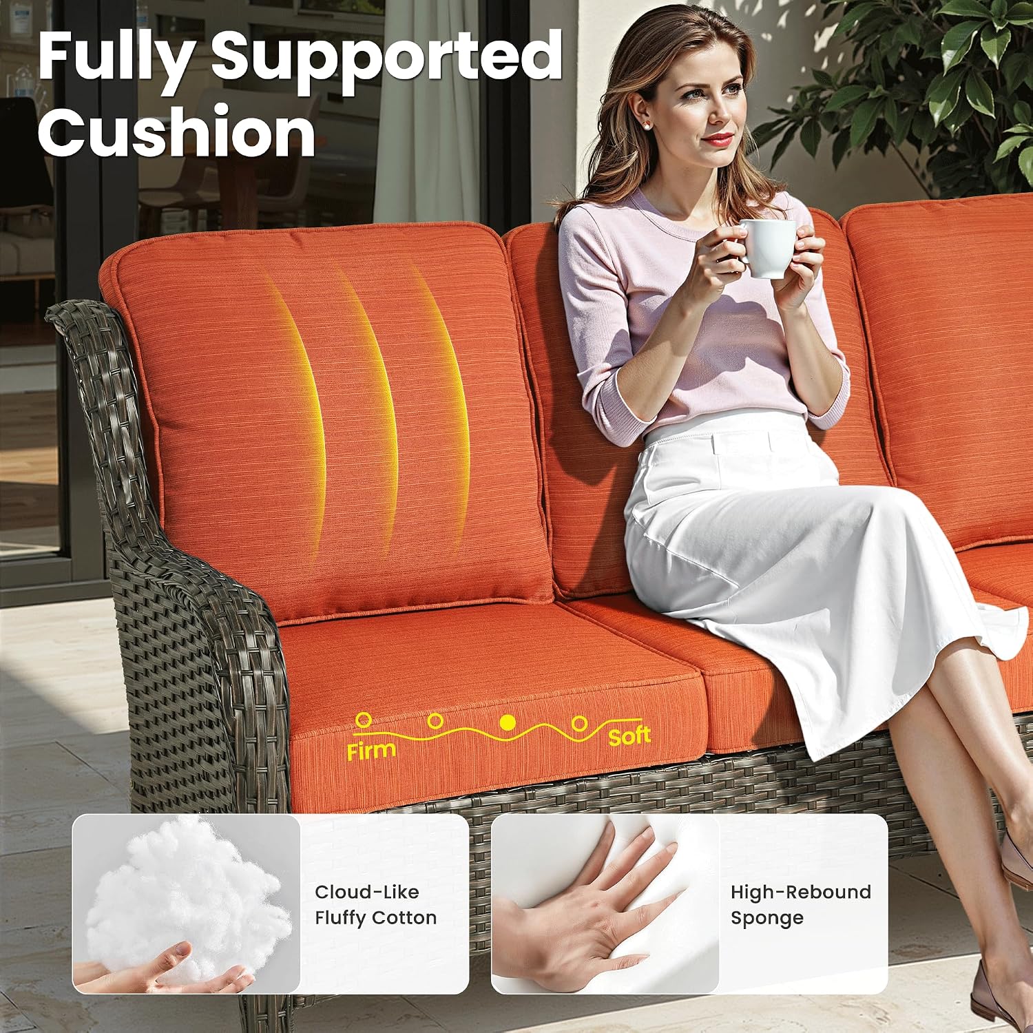 ovios 6-Piece Patio Furniture Set with Swivel Chairs Side Table, Outdoor Wicker Sofa with Comfy Cushions, High Back Couch Modern Conversation Sets, Brown/Orange Red
