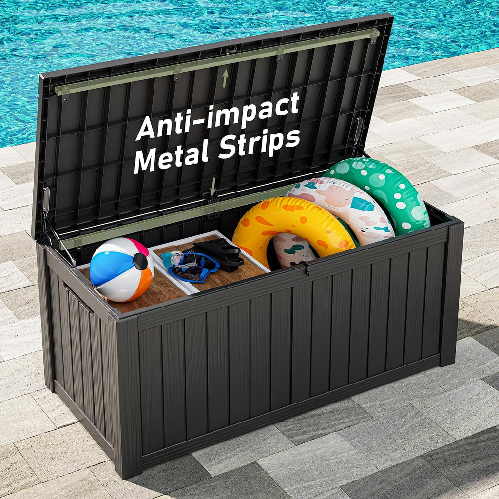 Outdoor Storage Box, 120 Gallon Deck Box, Resin Waterproof Outside Storage Bench, Outdoor Storage Cabinet With Lockable Lid, Backyard Deck Box For Garden Tools, Patio Cushions, Pool Accessories