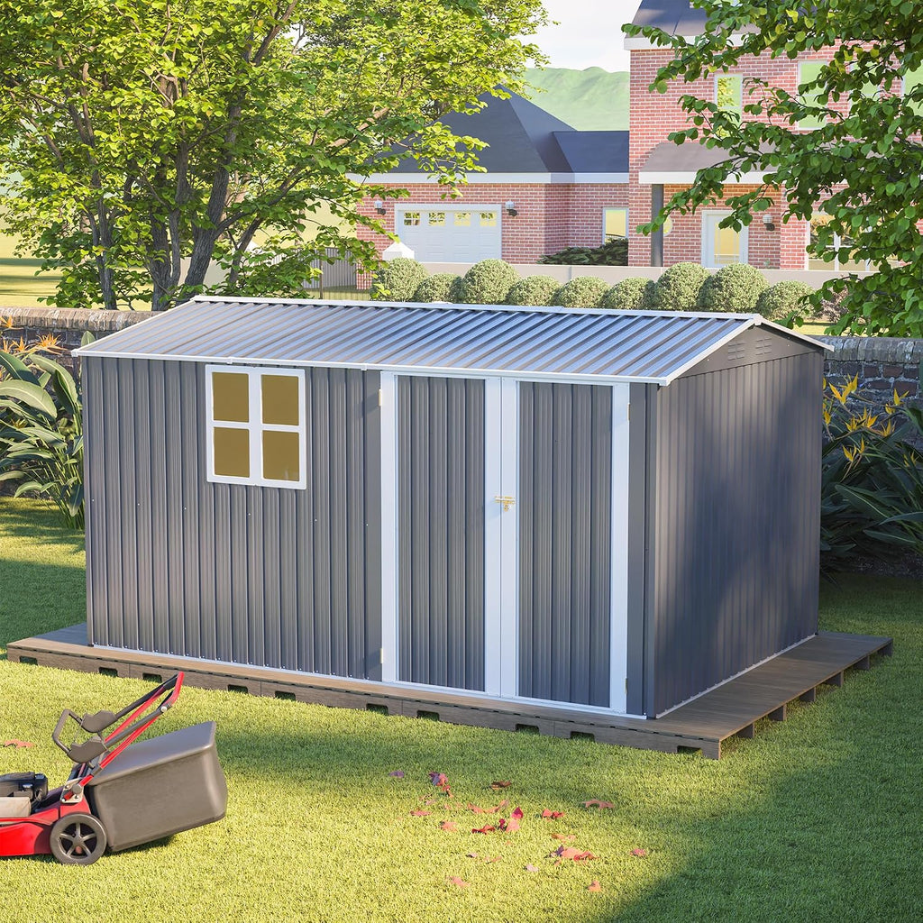 8x12 FT Outdoor Metal Storage Shed with Window & Floor Frame, Lockable Double Doors, Weatherproof Steel Tool Shed for Garden, Backyard, Lawn Equipment, and Patio Storage