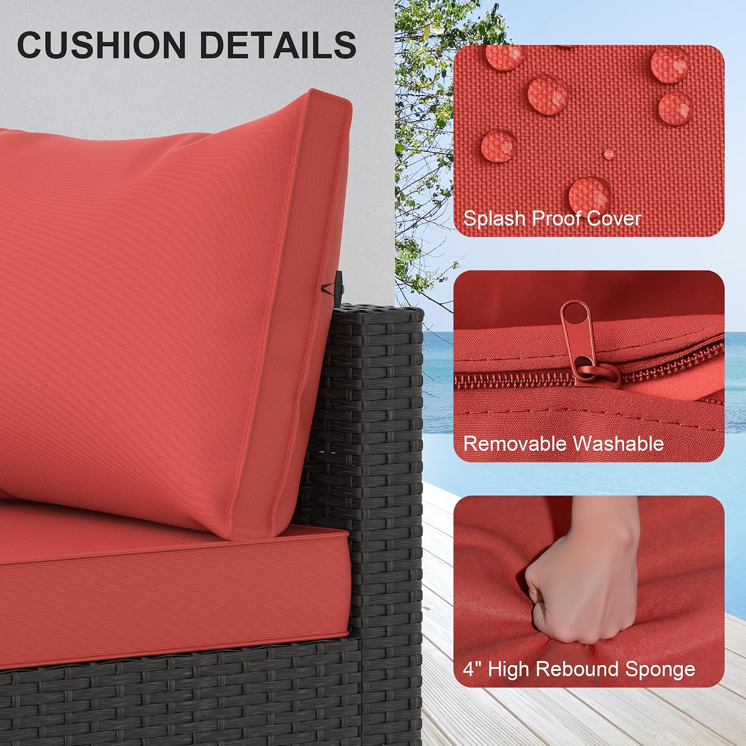 Patio Furniture Set, 5PCS Outdoor Sectional with Ottoman Wicker Rattan Patio Couch with Thickened Cushion Modular Wicker Patio Conversation Set with Glass Top Table for Balcony, Backyard (Burgundy)