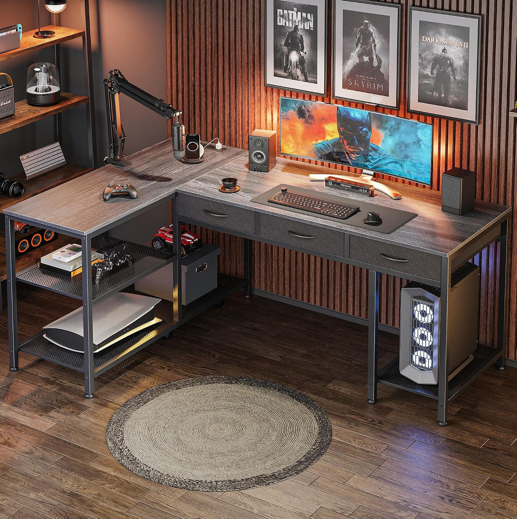 PRAISUN 55 Inch L Shaped Office Desk with Power Outlets and Type-C Port, Large Computer Gaming Desk with 3 Fabric Drawers, Mesh Shelves, Corner Study Work Writing Desk, Grey