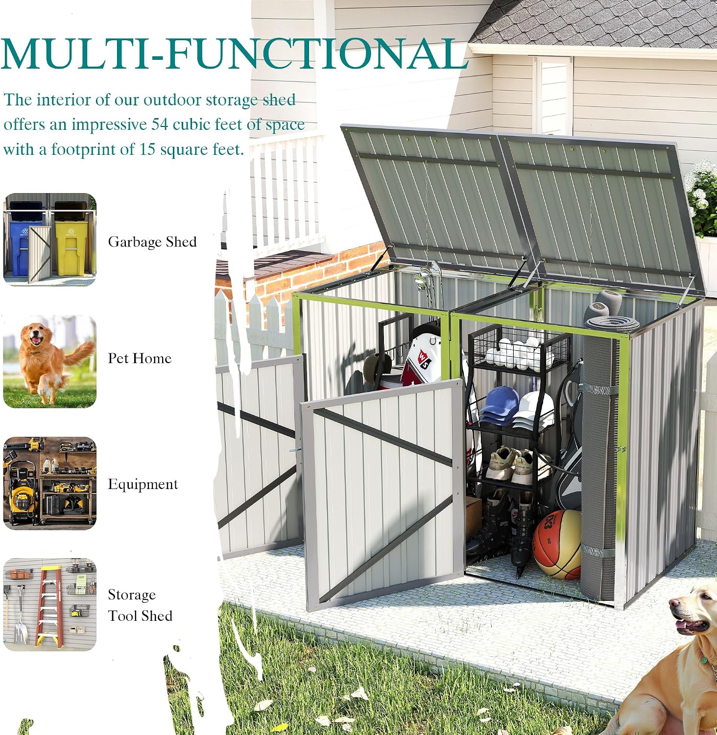 Outdoor Trash Can Storage, Garbage Bin Shed Stores 2 Trash Cans with Pneumatic Support Rod, 54 Cubic feet of Space, Metal Outdoor Storage Shed for Garbage Cans, Garden, Backyard, Patio, Light Gray