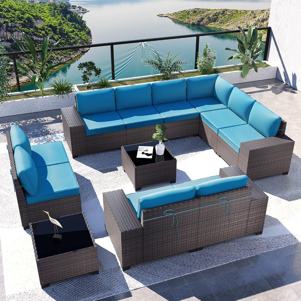 Kullavik Outdoor Patio Furniture Set,12 Pieces Sectional Rattan Sofa Set Brown PE Rattan Wicker Patio Conversation Set with 10 Seat Cushions and 2 Tempered Glass Coffee Table,Turquoise Blue