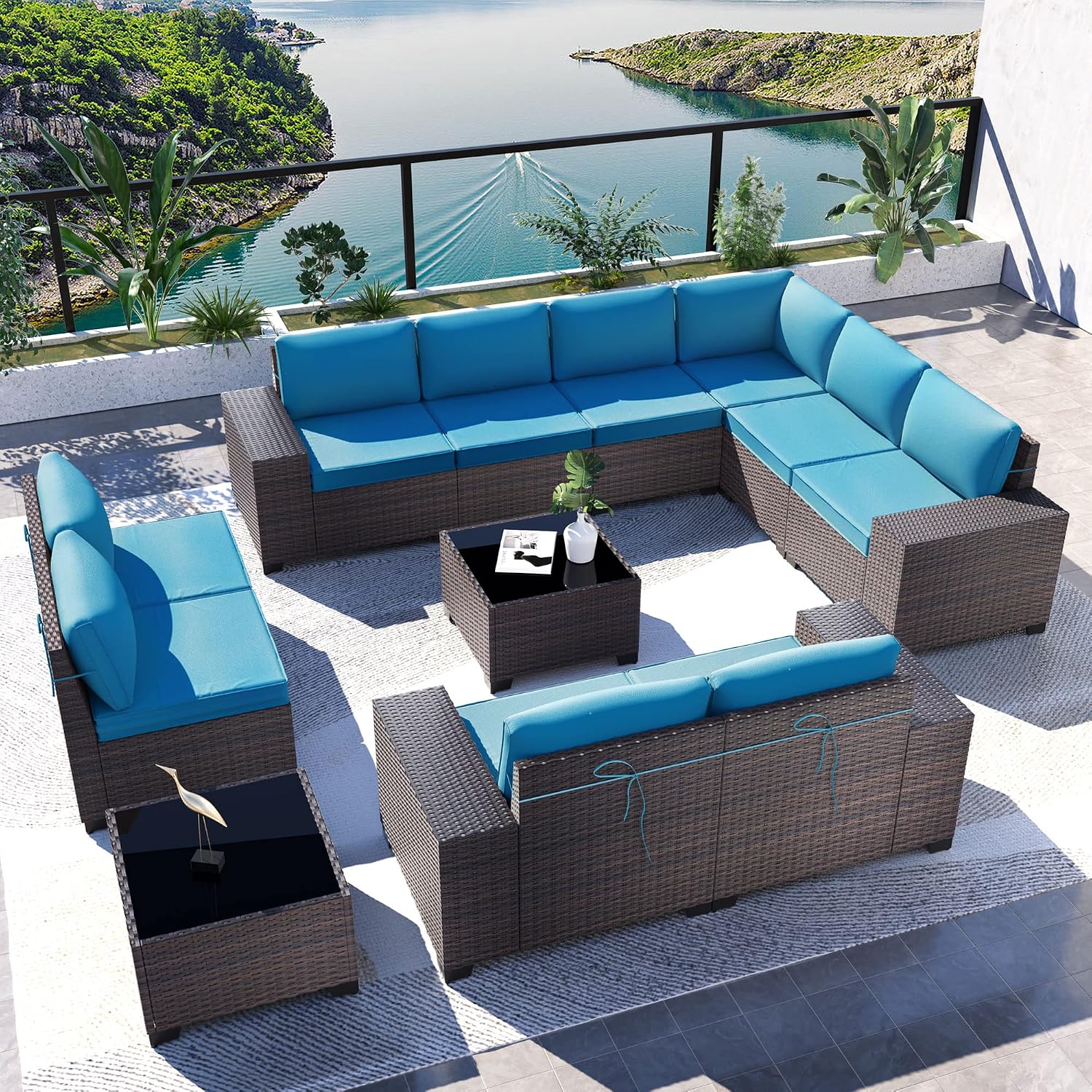 Kullavik Outdoor Patio Furniture Set,12 Pieces Sectional Rattan Sofa Set Brown PE Rattan Wicker Patio Conversation Set with 10 Seat Cushions and 2 Tempered Glass Coffee Table,Turquoise Blue