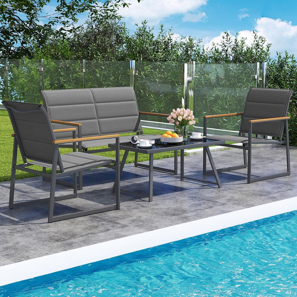 Tangkula 4 Piece Patio Furniture Set, Outdoor Metal Conversation Set with Padded Fabric Seat & Wood-Plastic Armrests, Sectional Sofa Set with Tempered Glass Coffee Table for Backyard, Porch (Gray)