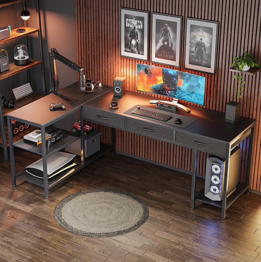 PRAISUN 63 Inch L Shaped Office Desk with Power Outlets and Type-C Port, Large Computer Gaming Desk with 3 Fabric Drawers, Mesh Shelves, Corner Study Work Writing Desk, Black