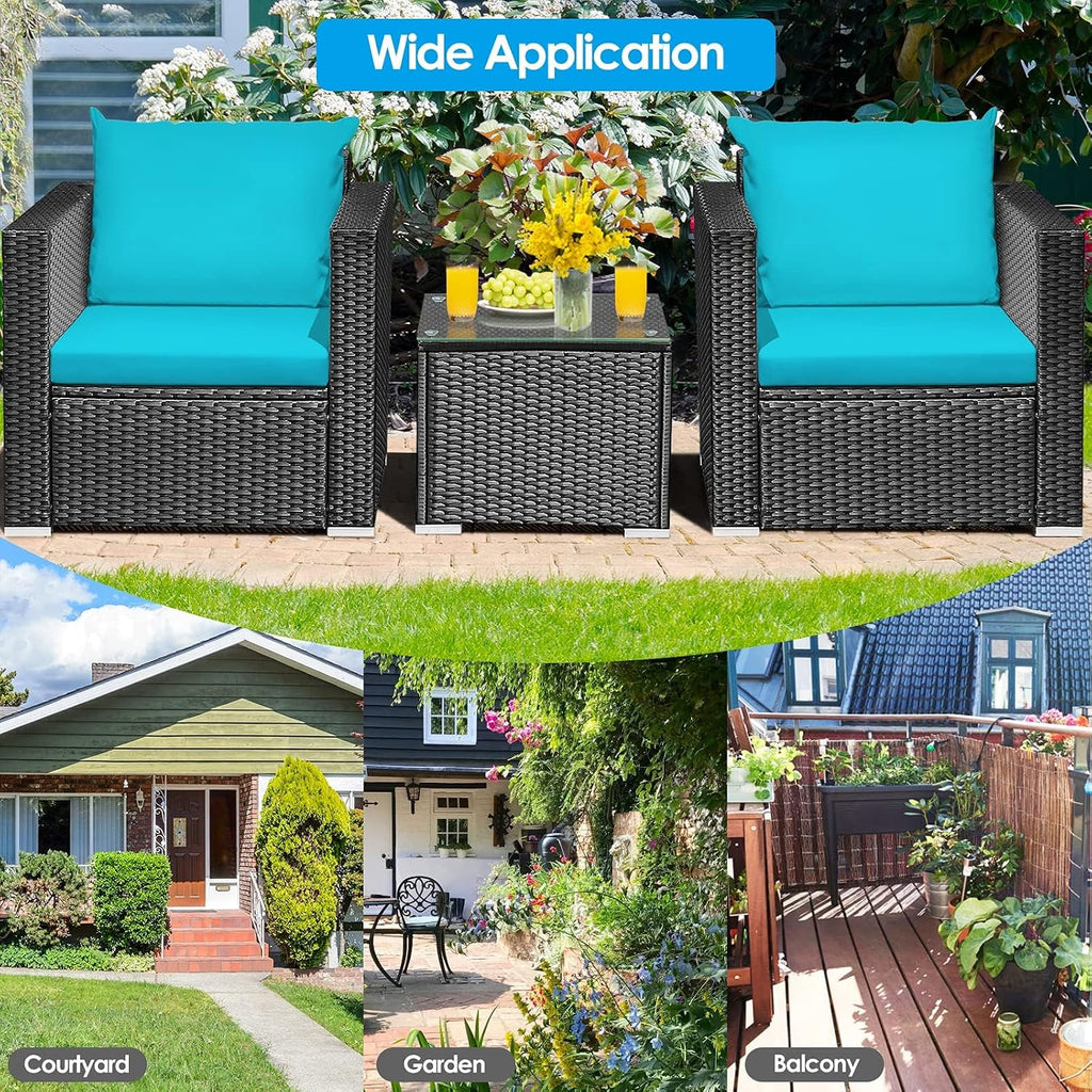 HAPPYGRILL 3 Pieces Rattan Patio Conversation Set, PE Wicker Patio Furniture Set with Coffee Table and Cushions, Outdoor Sofa Set for Garden Balcony Porch Poolside