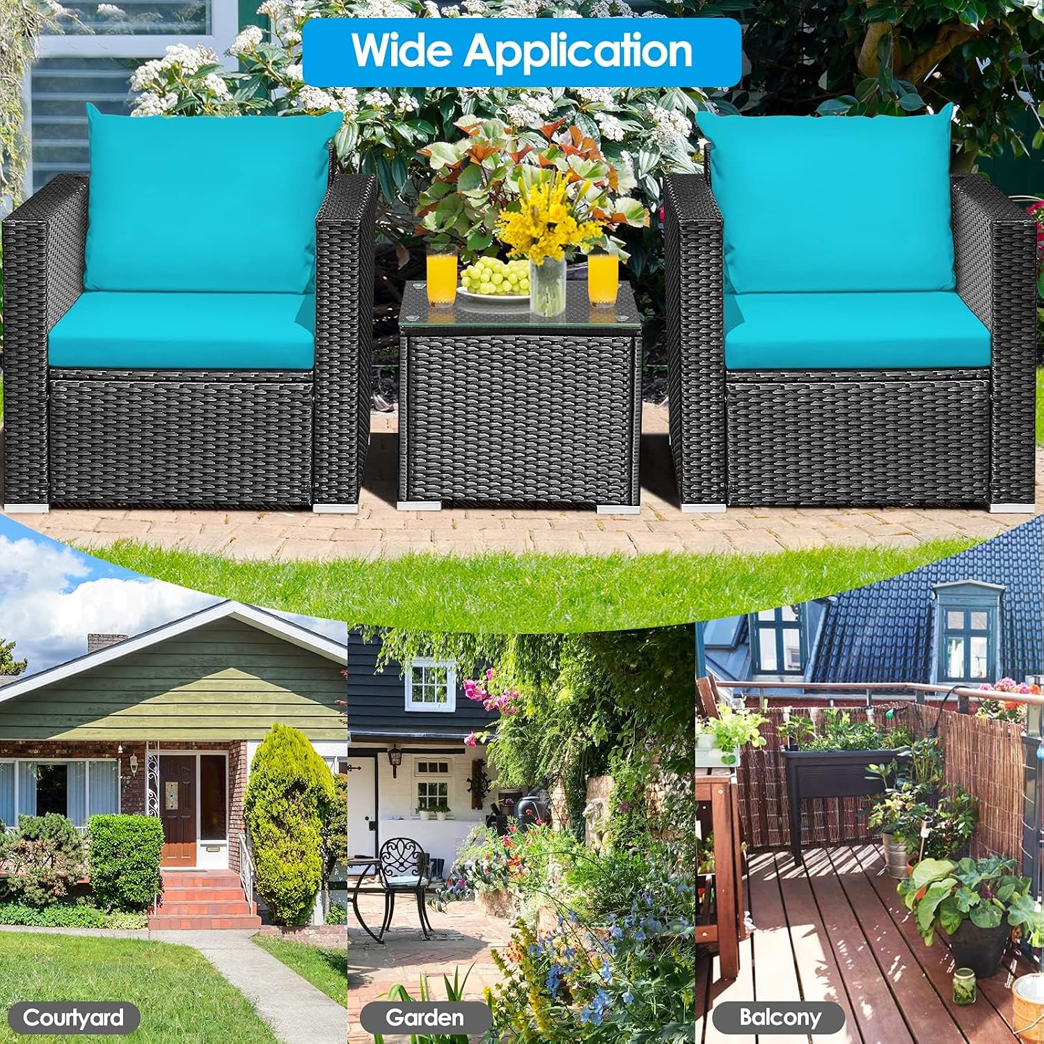 HAPPYGRILL 3 Pieces Rattan Patio Conversation Set, PE Wicker Patio Furniture Set with Coffee Table and Cushions, Outdoor Sofa Set for Garden Balcony Porch Poolside