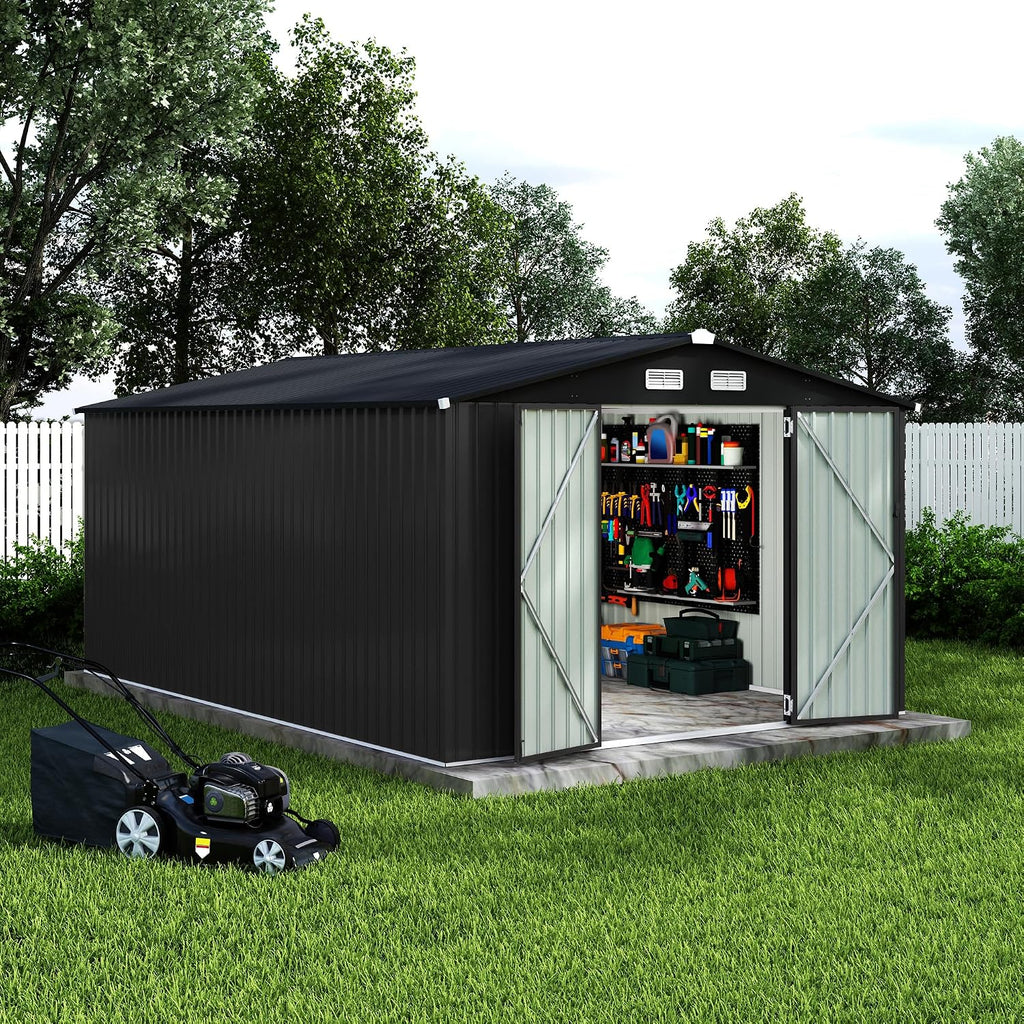 GarveeLife 10x14 Ft Outdoor Storage Sheds, Metal Garden Tool Shed for Backyard, Large Metal Sheds Outdoor Storage with Lockable Doors & Air Vents for Backyard Garden Patio Lawn