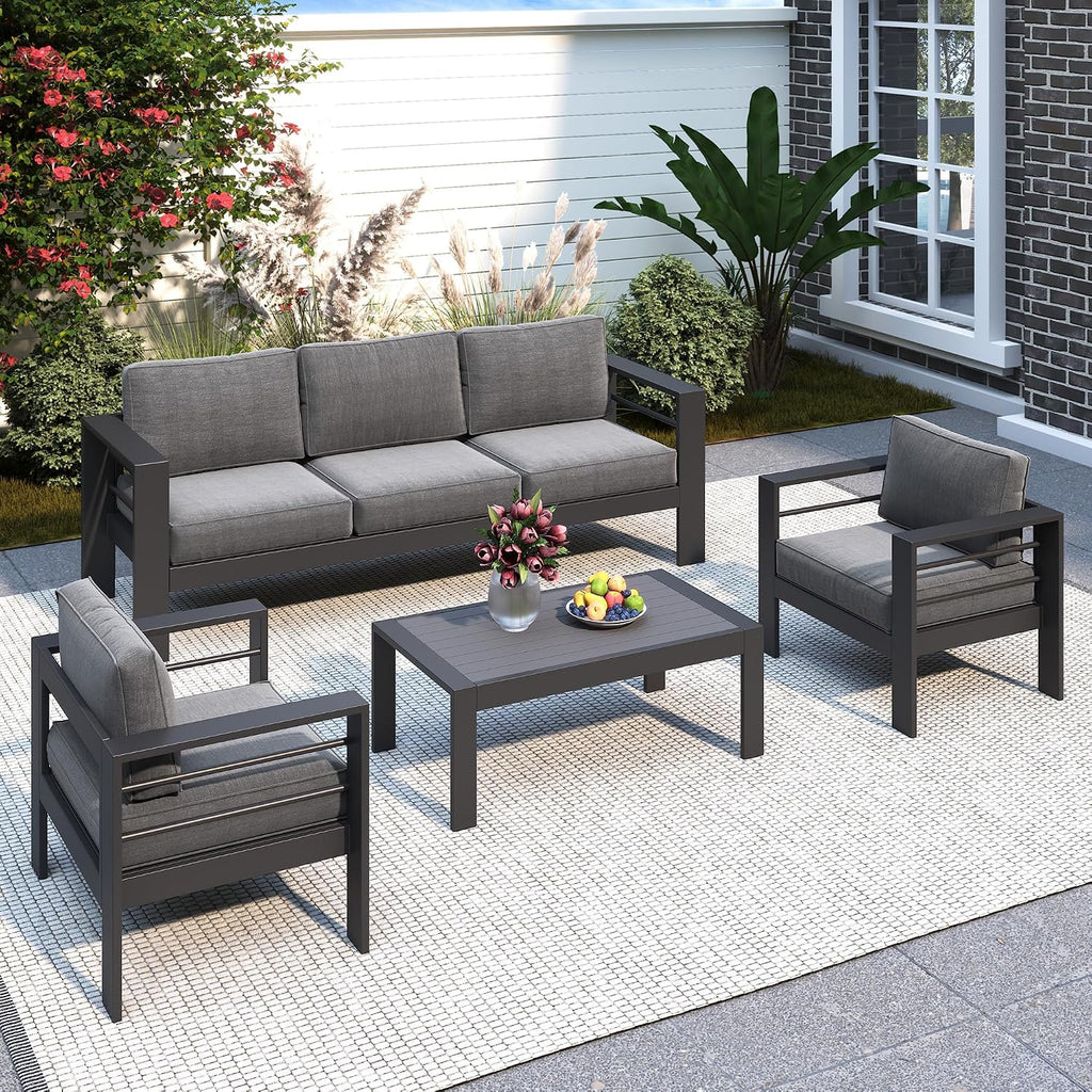 Solaste Aluminum Patio Furniture Set for All Weather, Oversized Metal Outdoor Furniture Set with 27.5' Deep Seating and 3.2' Wide Armrest, Outdoor Patio Conversation Sets with 10' Back Cushion, Gray