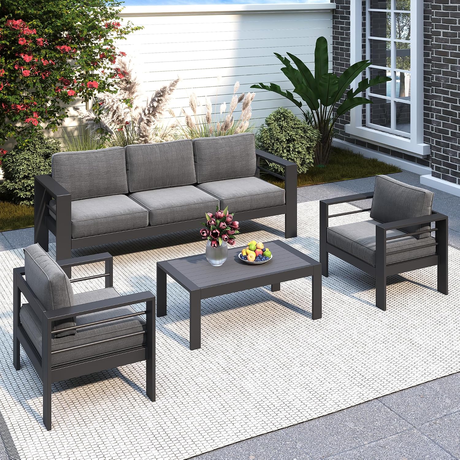 Solaste Aluminum Patio Furniture Set for All Weather, Oversized Metal Outdoor Furniture Set with 27.5' Deep Seating and 3.2' Wide Armrest, Outdoor Patio Conversation Sets with 10' Back Cushion, Gray