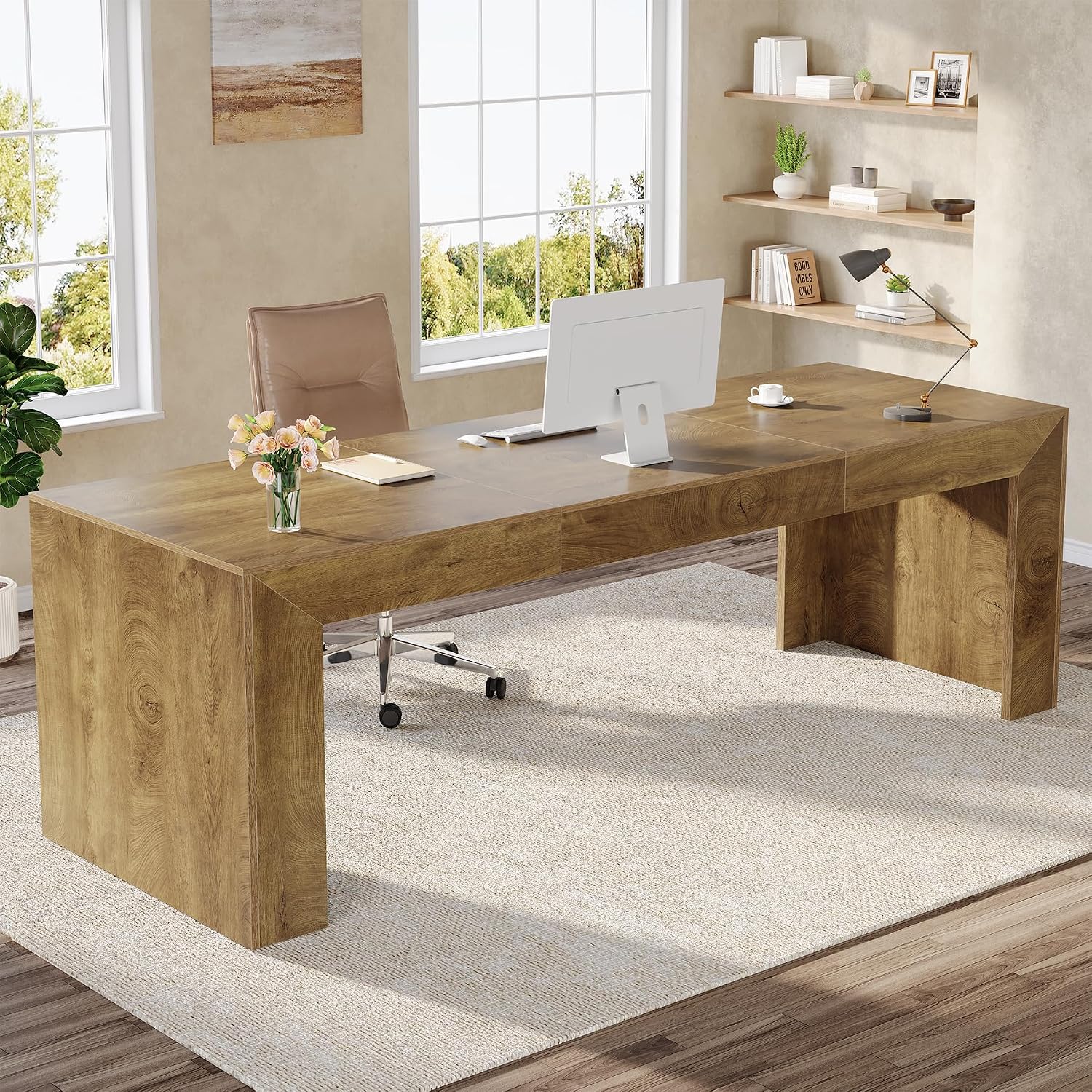 Tribesigns 78.7-Inch Long Computer Desk for 2 People, Farmhouse Executive Desk with Wooden Desktop and Legs, Large Workstations Writing Table Gaming Table for Home Office, Heavy Duty, Brown
