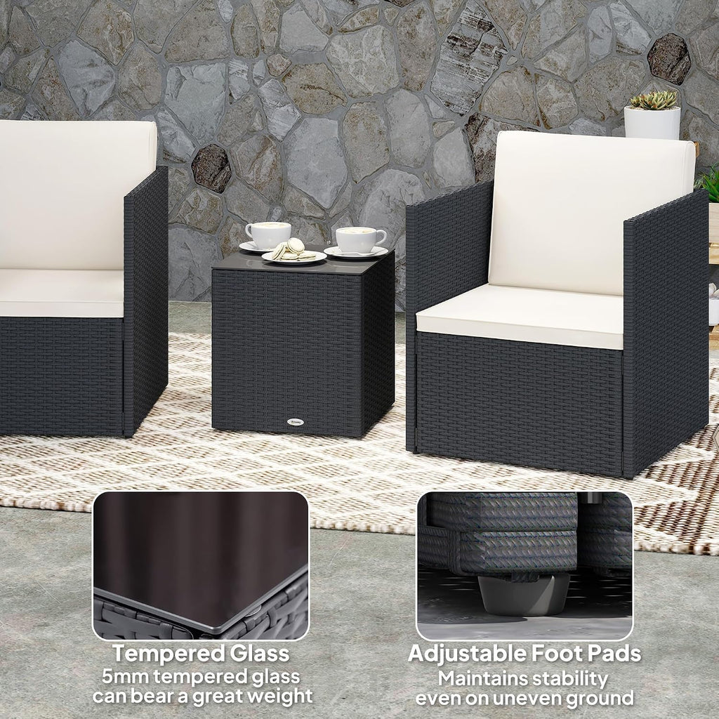 Outsunny 3 Piece Patio Furniture Set, Folding Outdoor Wicker Bistro Set with Washable Cushions, Adjustable Feet, and Glass Coffee Table, Easy Assembly for Garden, Balcony, Poolside, Backyard, Black