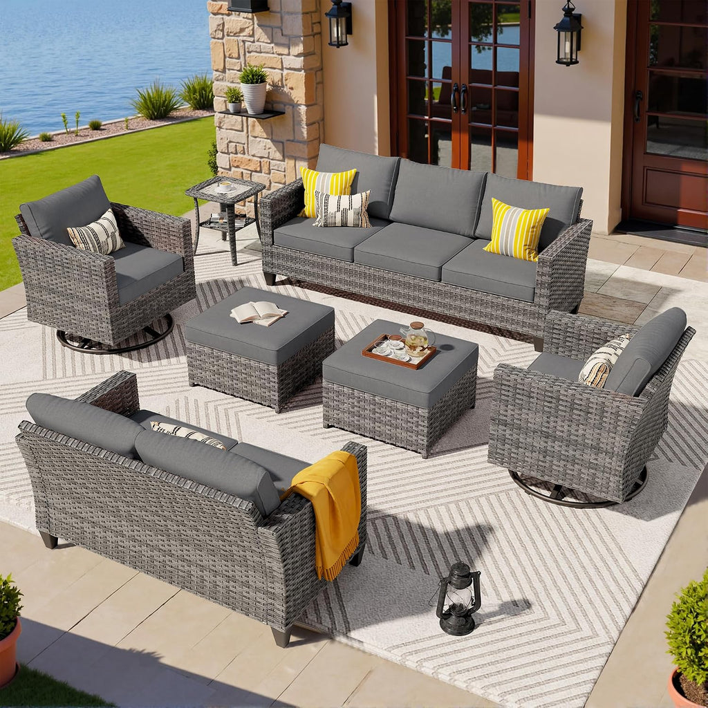 ovios 7 Pieces Patio Furniture Set, Outdoor Wicker Sofa Couch with Swivel Chairs, Rocking Glider Rocker with Comfy Cushions All Weather Rattan Conversation Set, Dark Grey
