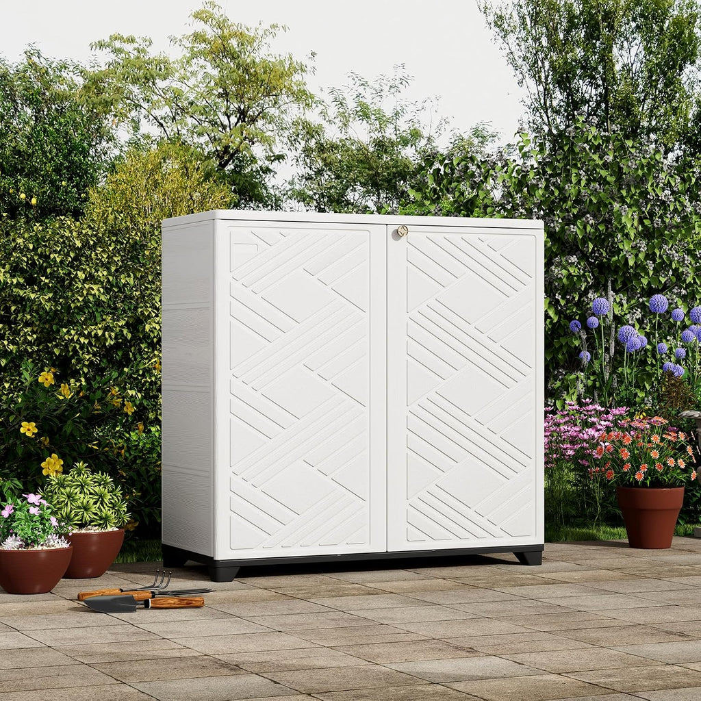 ZZM Indoor/Outdoor Storage Cabinet Waterproof, 34'x15'x34' Plastic Outdoor Storage Box for Garden Balcony Bathroom, All Weather Outdoor Storage Clearance, DIY Usage, with 1 Shelf (White)