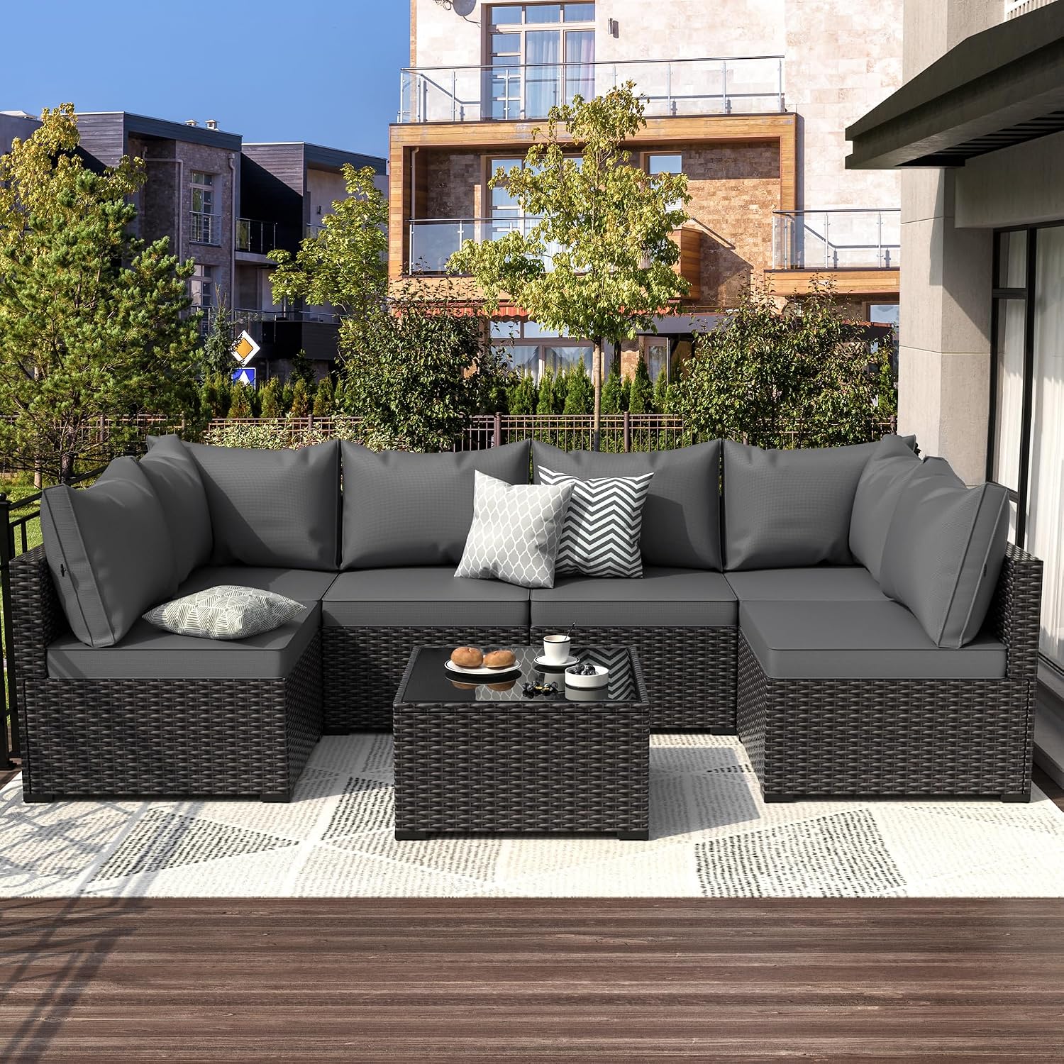 Patio Furniture Set, 7PCS Outdoor Sectional PE Rattan Patio Conversation Set w/Thickened Cushion Modular Wicker Patio Sofa Set w/Coffee Table for Balcony, Backyard(Grey)