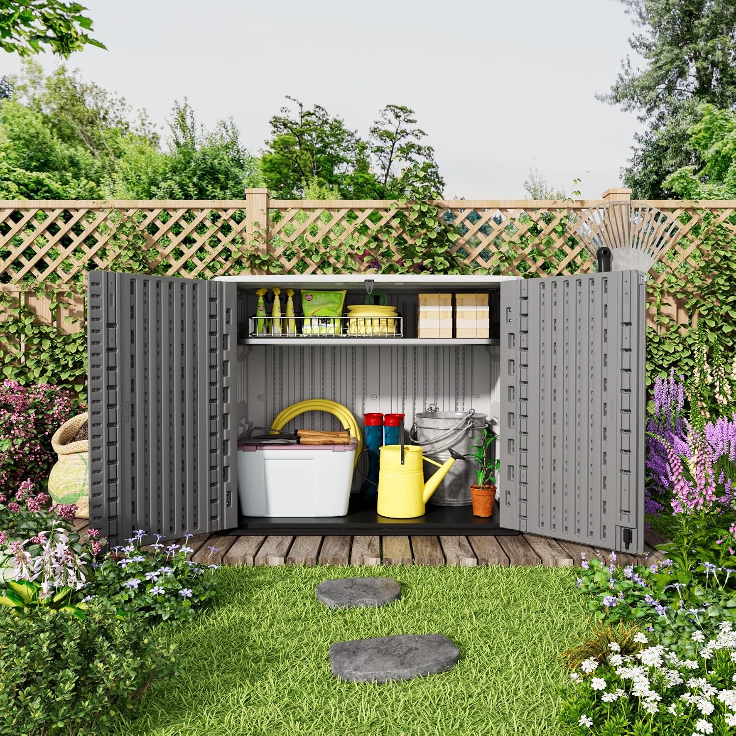 Mrosaa Outdoor Storage Shed Waterproof, Horizontal Outdoor Storage Cabinet for Garbage Cans,Tools and Lawnmower Lockable(34 Cu.ft-Gray and White)
