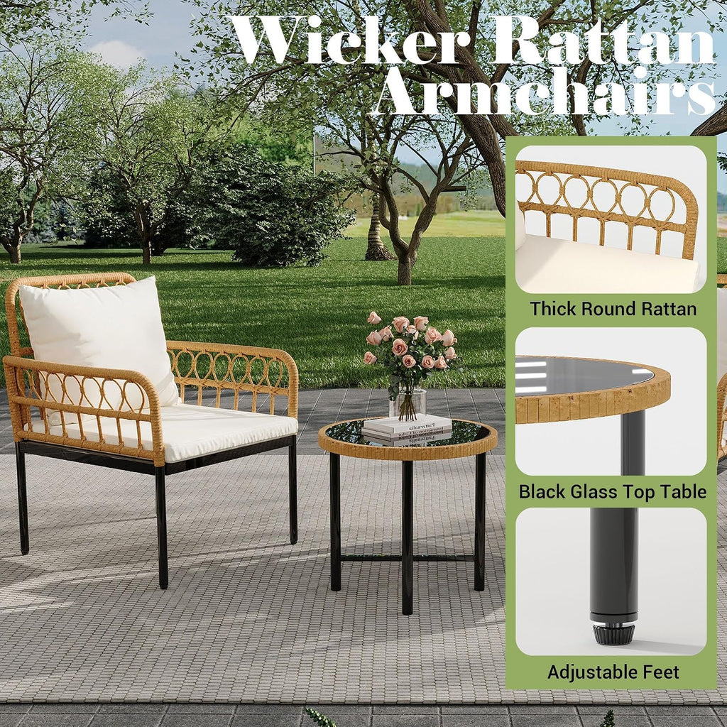 4 Pieces Patio Furniture Set,Outdoor All-Weather Wicker Rattan Bistro Set with Glass Table and Thick Cushions Boho Loveseat Chairs for Balcony Garden Backyard Poolside,Beige