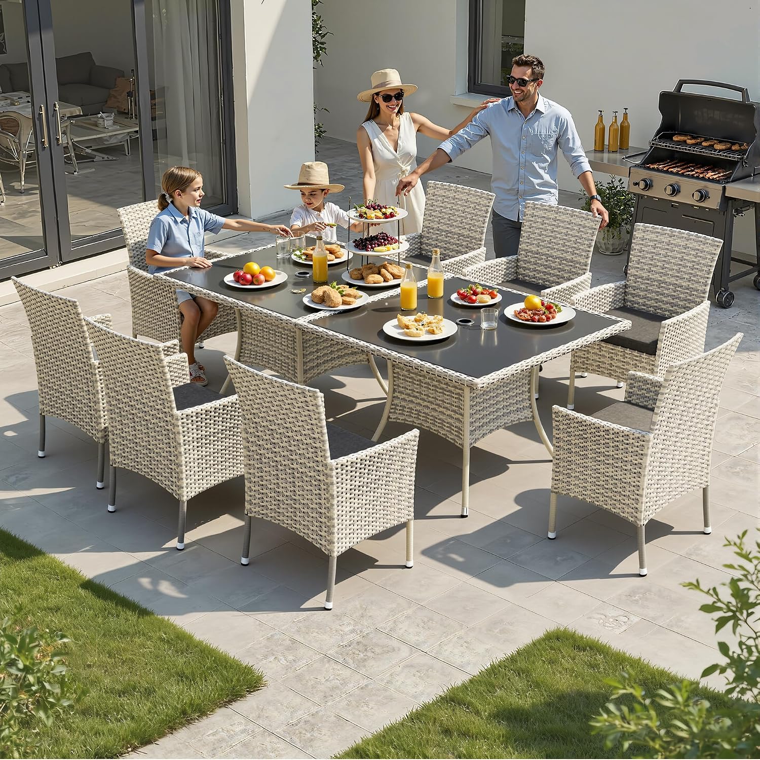 10-Piece Patio Dining Set, Patio Furniture Set with Square Tempered Glass Table & 8 Wicker Chairs, Expandable Design for Larger Groups, Outdoor Furniture for Backyard, Deck, Garden, Dark Grey