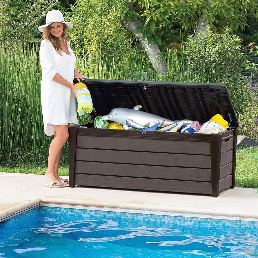 Keter Outdoor Storage Deck Box, for Patio, Backyard & Garden, Brushwood, 120 Gal, Brown - Lockable, Organizing, and Waterproof Plastic Container Bench