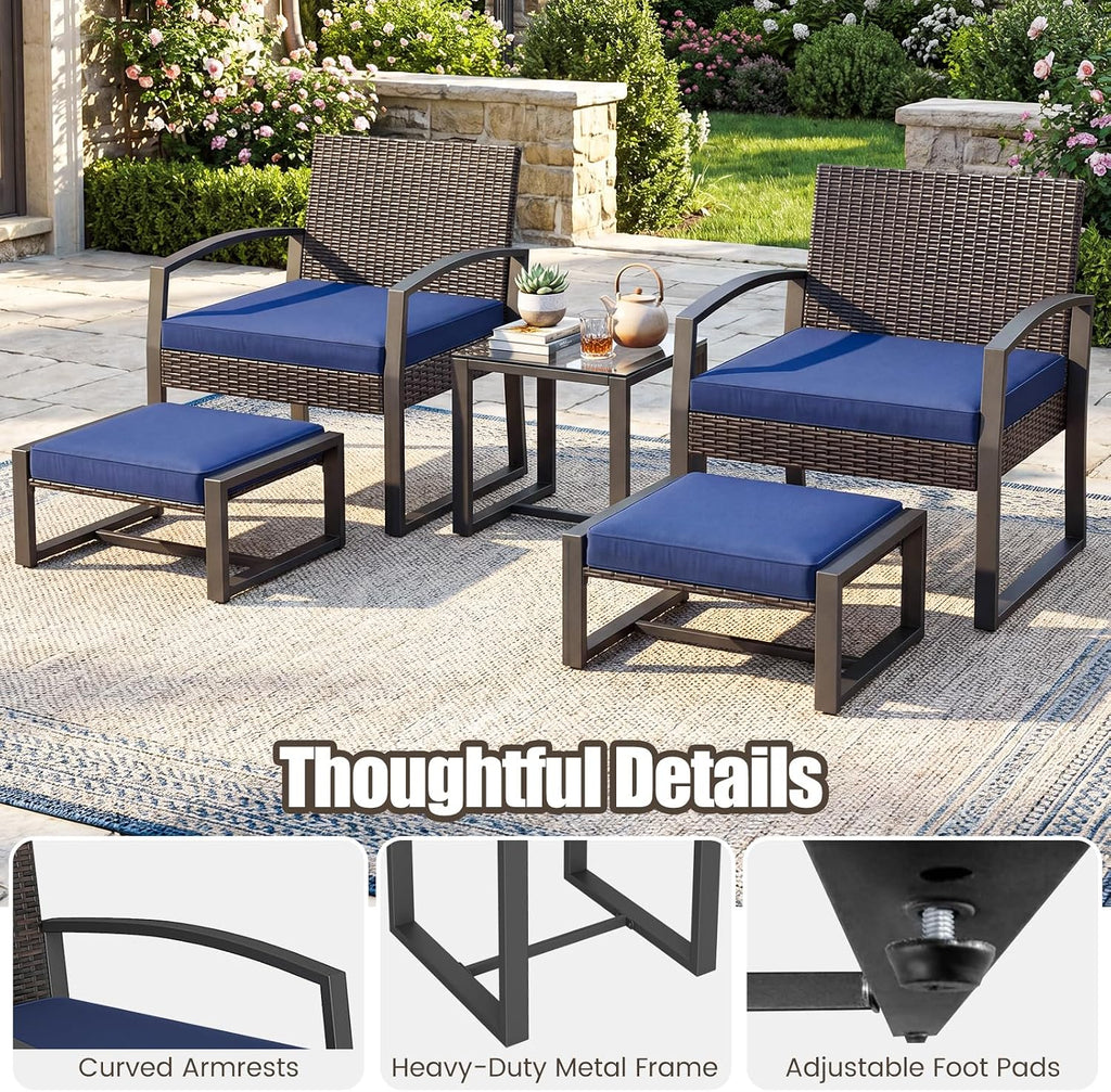 Tangkula 5 Pieces Wicker Patio Conversation Set, Outdoor PE Rattan Chair with Ottoman Set with Glass Side Table, 2-Person Small Balcony Furniture Seating Set with Cushions for Porch, Backyard, Deck