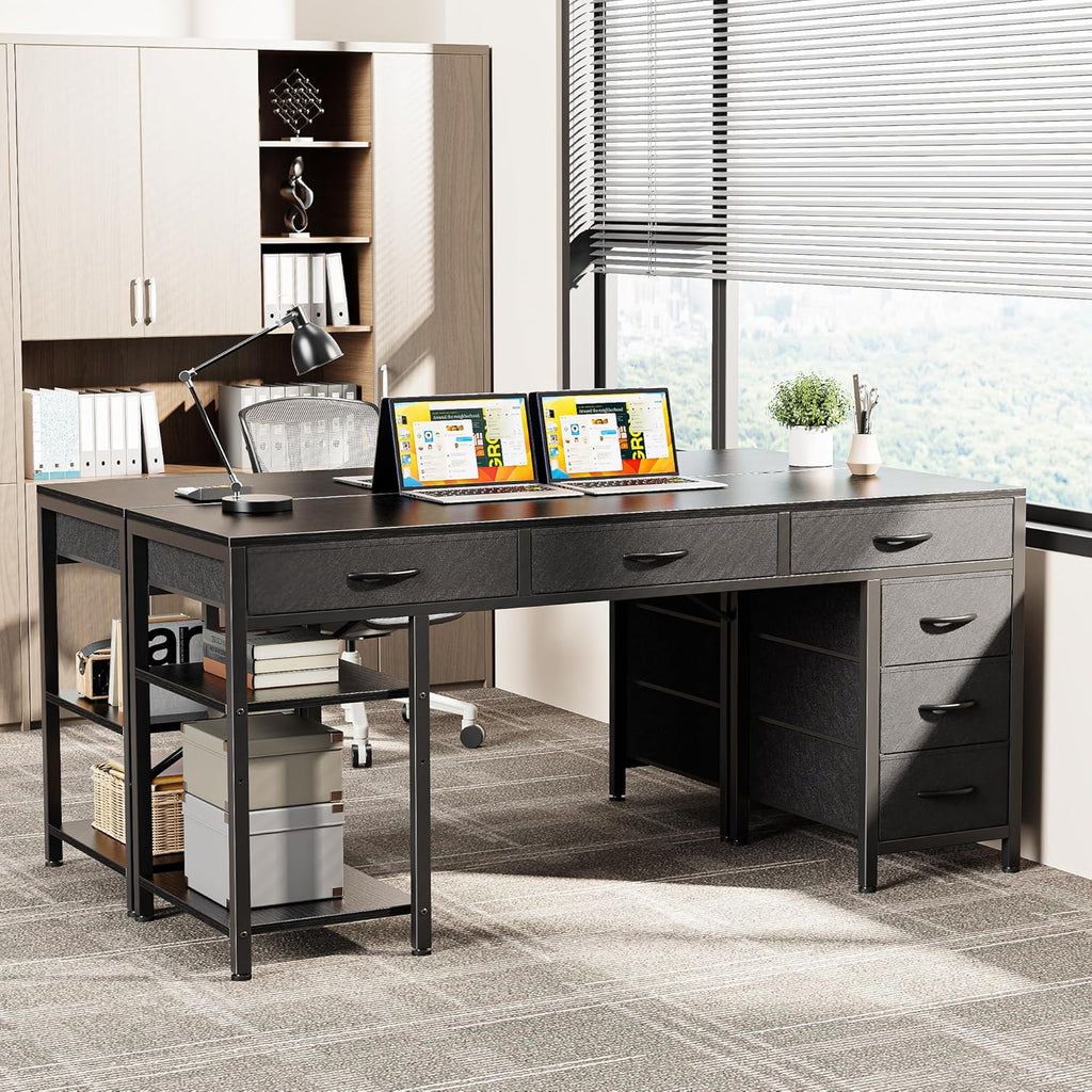 Huuger Computer Desk with 6 Drawers, Office Desk with Shelves, Reversible Gaming Desk, Corner Desk with Storage, Work for Home Office, Study, Living Room, 54inch, Black