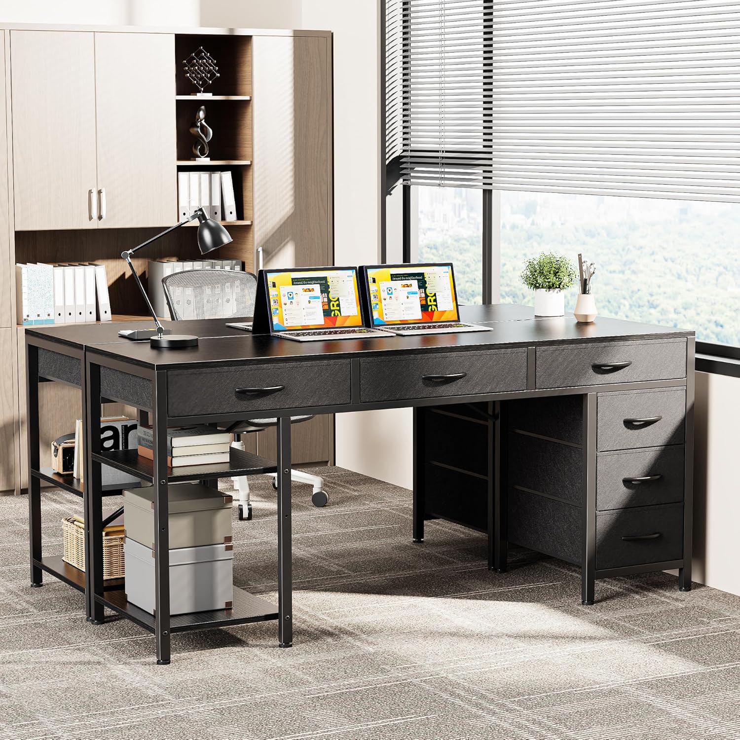Huuger Computer Desk with 6 Drawers, Office Desk with Shelves, Reversible Gaming Desk, Corner Desk with Storage, Work for Home Office, Study, Living Room, 54inch, Black