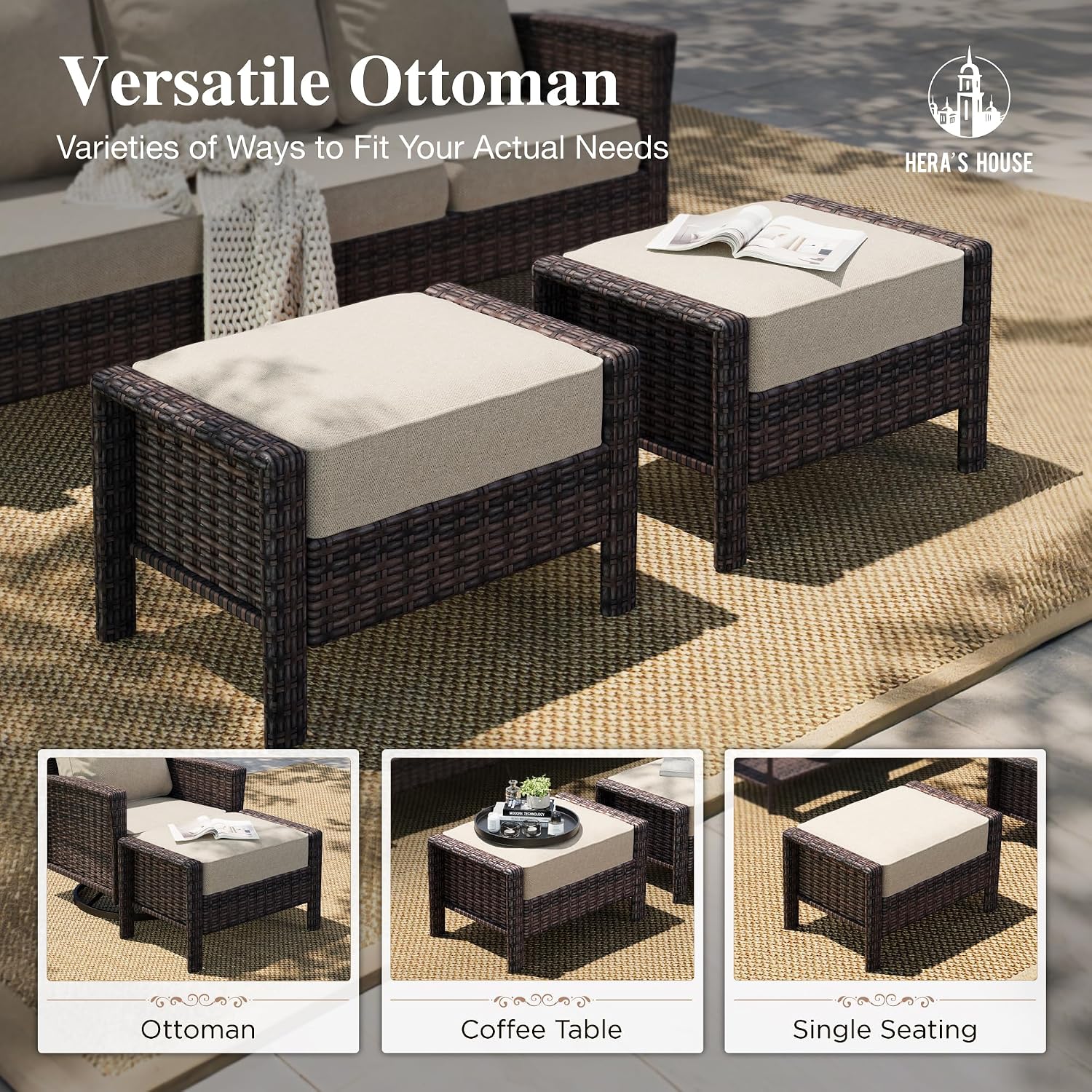 HERA'S HOUSE Patio Furniture Set with Swivel Chairs, High Back Outdoor Wicker Furniture with 5.5' Thick Cushions, Outside Conversation Sofa Sets for Backyard Deck Lawn, Beige