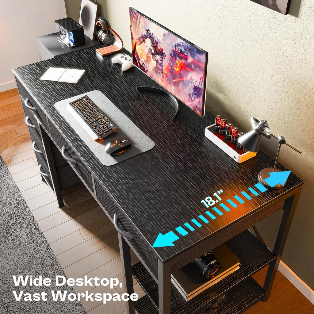 Huuger Computer Desk with 6 Drawers, Office Desk with Shelves, Reversible Gaming Desk, Corner Desk with Storage, Work for Home Office, Study, Living Room, 47inch, Black