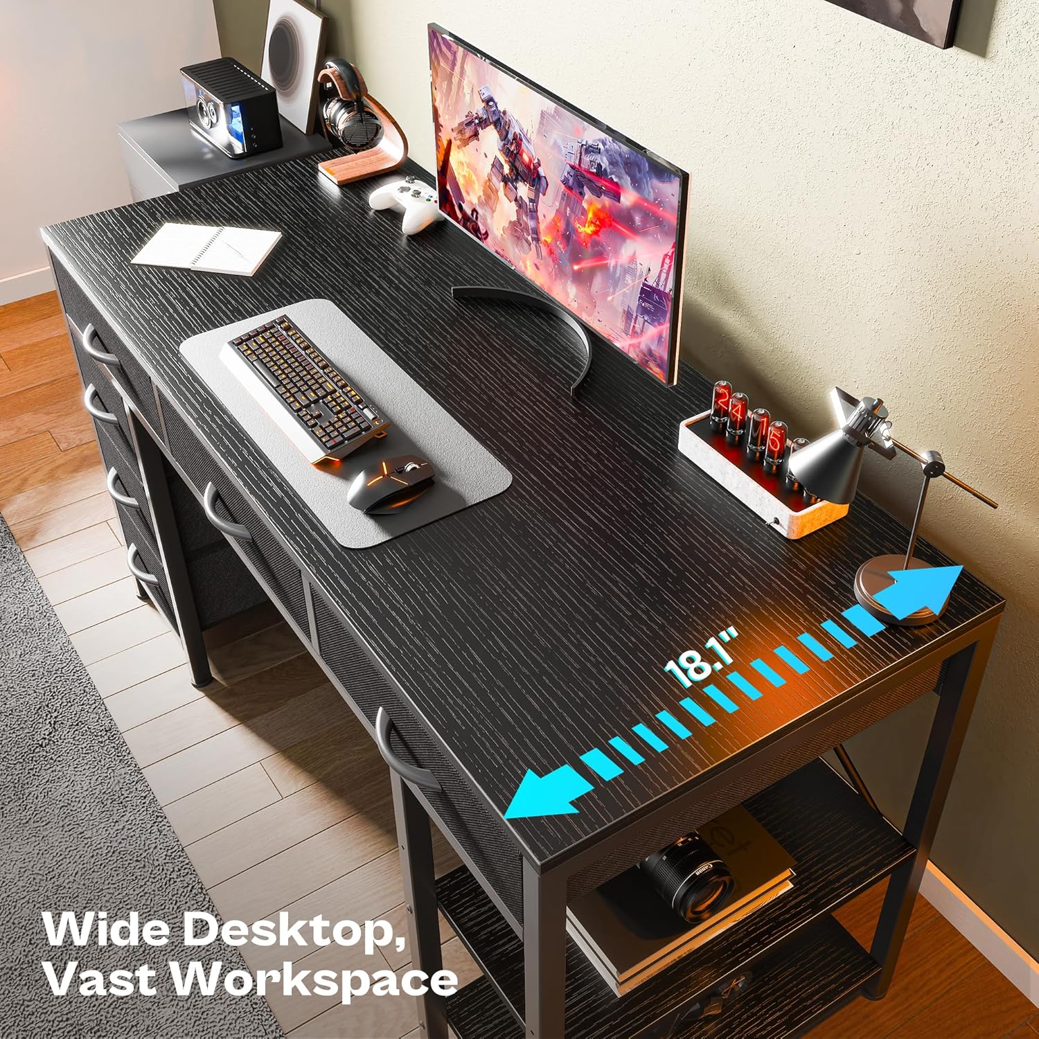 Huuger Computer Desk with 6 Drawers, Office Desk with Shelves, Reversible Gaming Desk, Corner Desk with Storage, Work for Home Office, Study, Living Room, 47inch, Black