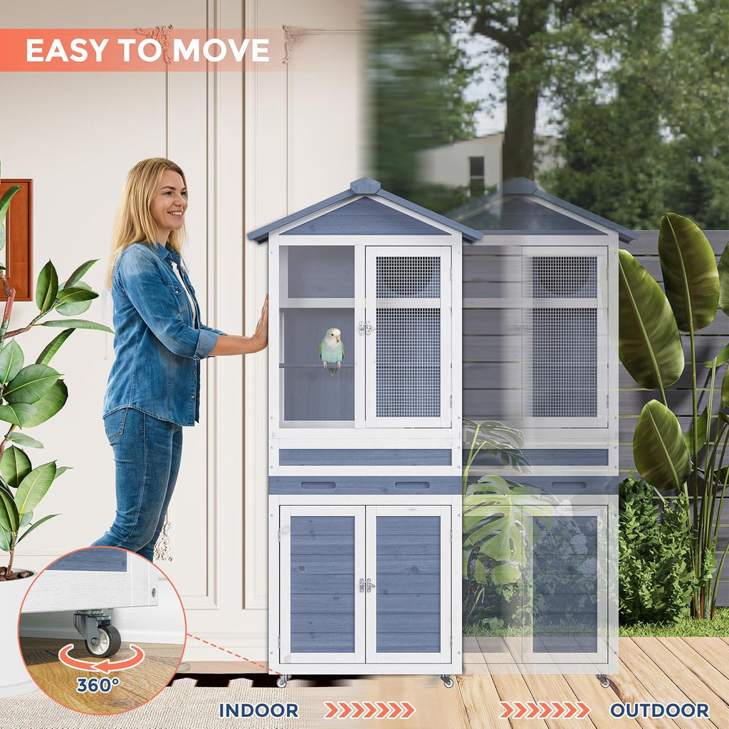 59' H Wooden Outdoor Bird Aviary on Wheels, Bird Cage with Storage & Pull-Out Tray for Small Birds, Finches, Parrots, Indoor Bird Cages with Feeder, Easy to Clean, Grey