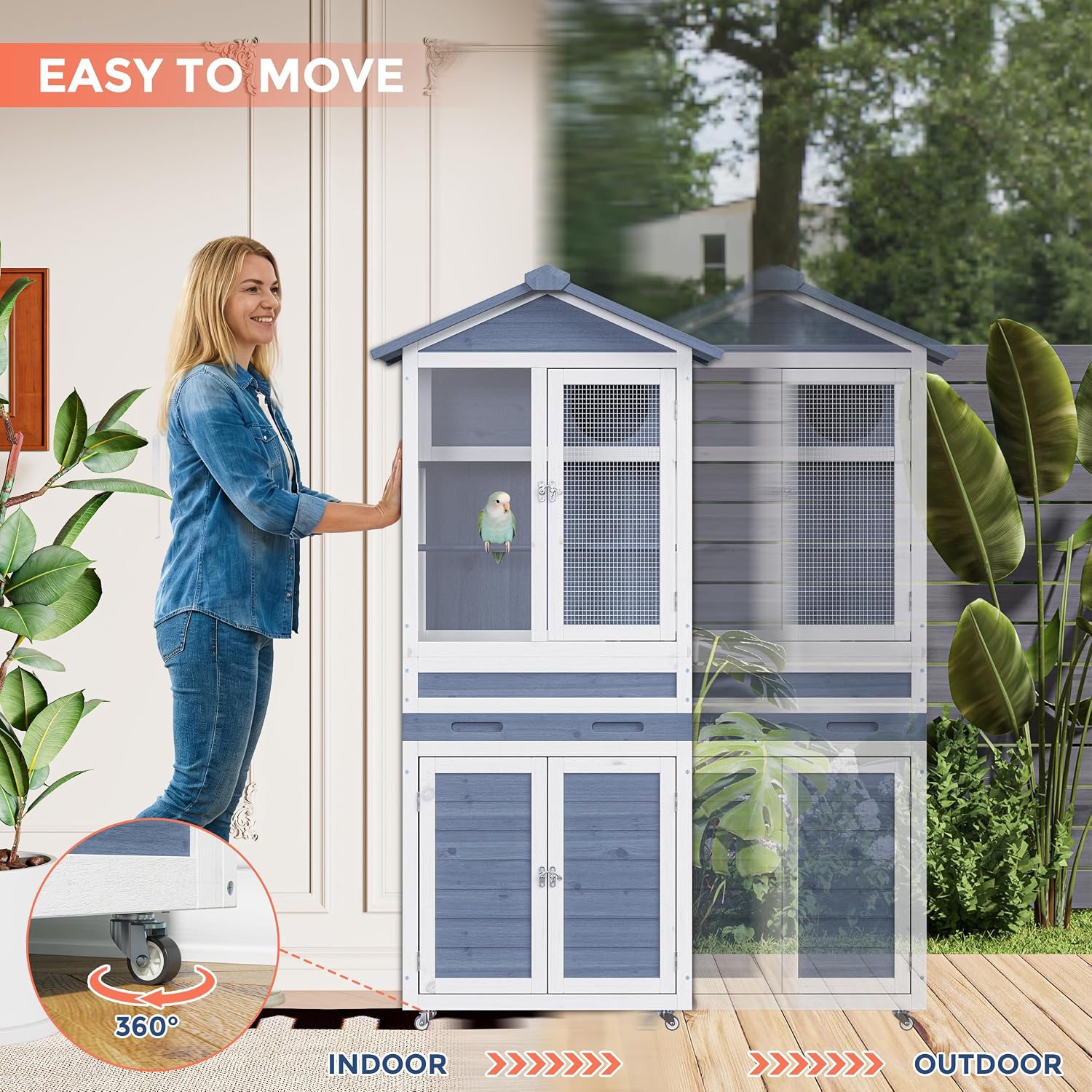 59' H Wooden Outdoor Bird Aviary on Wheels, Bird Cage with Storage & Pull-Out Tray for Small Birds, Finches, Parrots, Indoor Bird Cages with Feeder, Easy to Clean, Grey