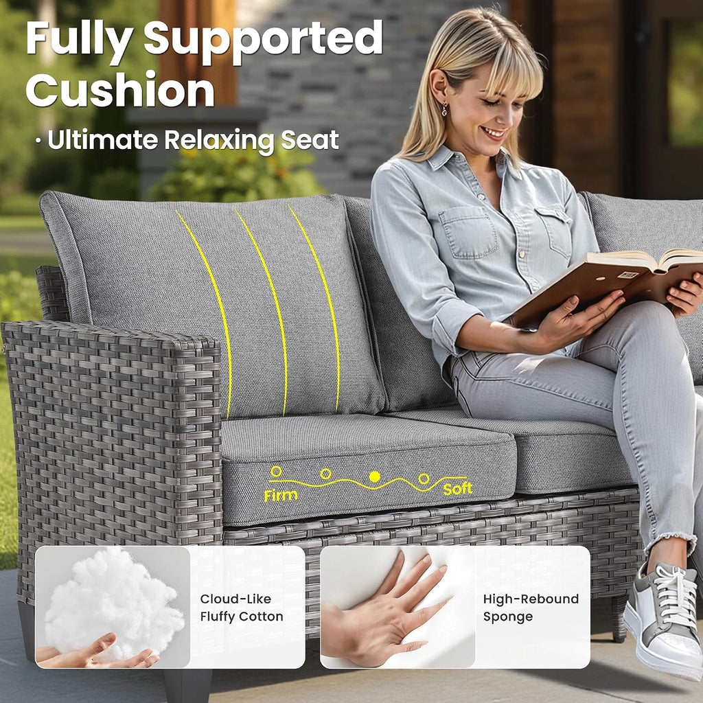 ovios 8 Pieces Patio Furniture Set, Outdoor Wicker Sofa Couch with Swivel Chairs, Rocking Glider Rocker with Comfy Cushions All Weather Rattan Conversation Set, Dark Grey