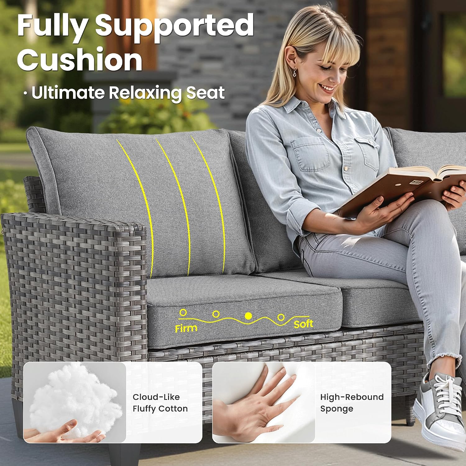 ovios 8 Pieces Patio Furniture Set, Outdoor Wicker Sofa Couch with Swivel Chairs, Rocking Glider Rocker with Comfy Cushions All Weather Rattan Conversation Set, Dark Grey