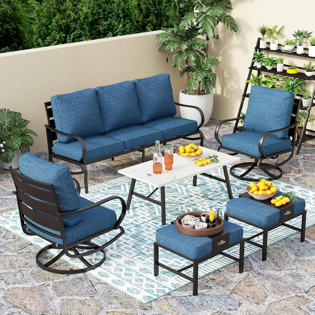 PHI VILLA 6 Piece Patio Furniture Sets with 1 x 3-Seat Deep Seating Bench, 2 x Cushioned Swivel Sofa Chairs, 1 x Coffee Table & 2 Ottoman, Outdoor Metal Conversation Set for Lawn Garden, Peacock Blue